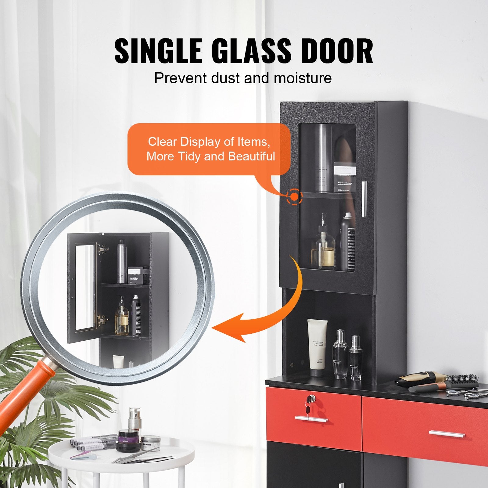 VEVOR Salon Station, Wall Mount Barber Salon Station for Hair Stylist, Beauty Spa Furniture Set, 1 Storage Cabinet, 3 Cubbies and 2 Drawers(One Lockable), Black and Red 5