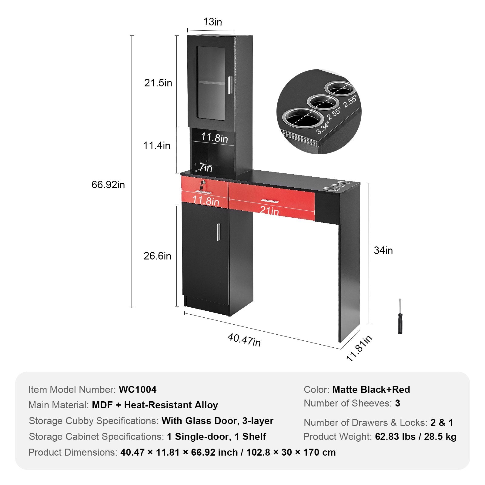 VEVOR Salon Station, Wall Mount Barber Salon Station for Hair Stylist, Beauty Spa Furniture Set, 1 Storage Cabinet, 3 Cubbies and 2 Drawers(One Lockable), Black and Red 7