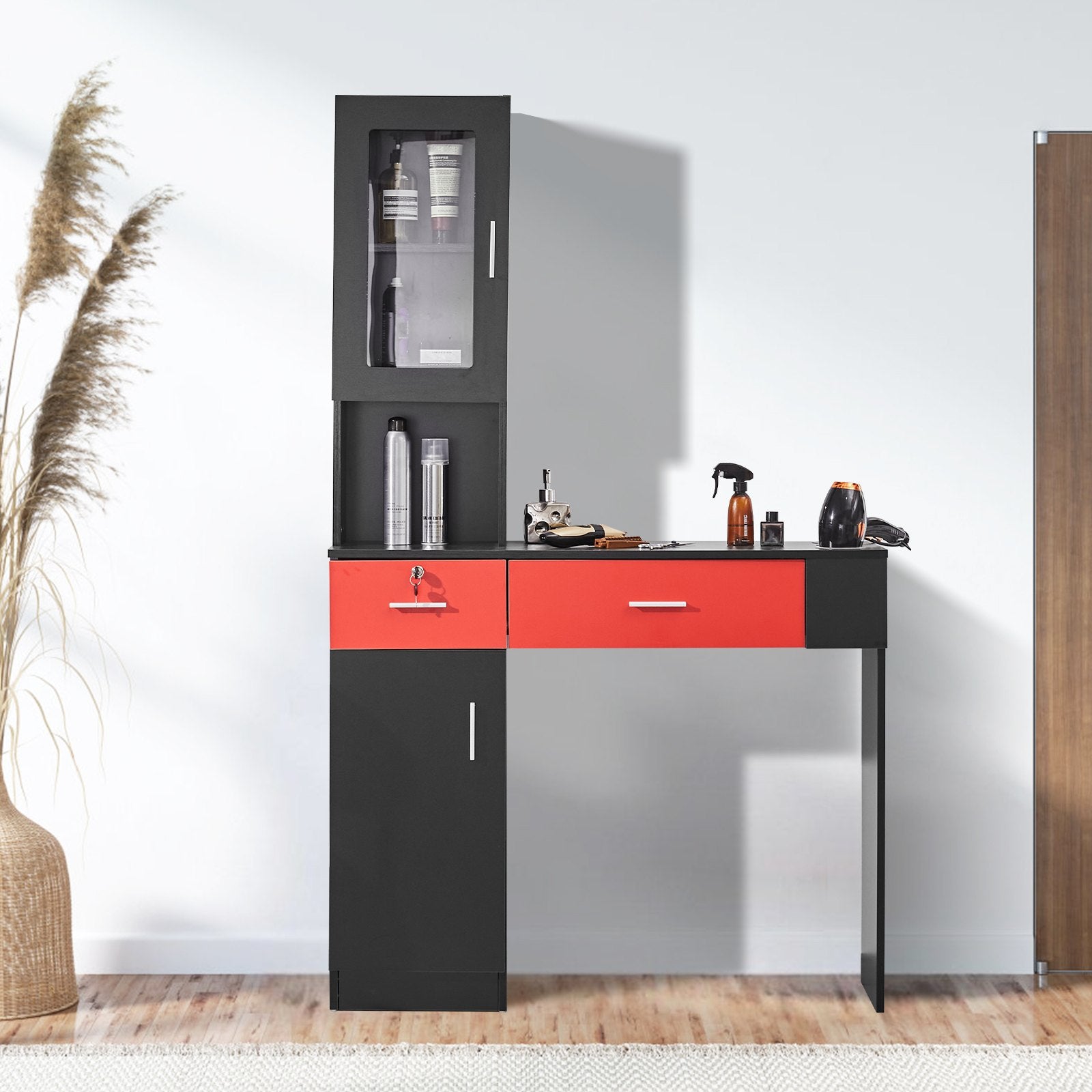 VEVOR Salon Station, Wall Mount Barber Salon Station for Hair Stylist, Beauty Spa Furniture Set, 1 Storage Cabinet, 3 Cubbies and 2 Drawers(One Lockable), Black and Red 8