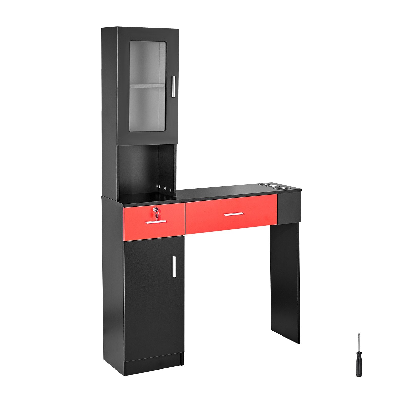 VEVOR Salon Station, Wall Mount Barber Salon Station for Hair Stylist, Beauty Spa Furniture Set, 1 Storage Cabinet, 3 Cubbies and 2 Drawers(One Lockable), Black and Red 9