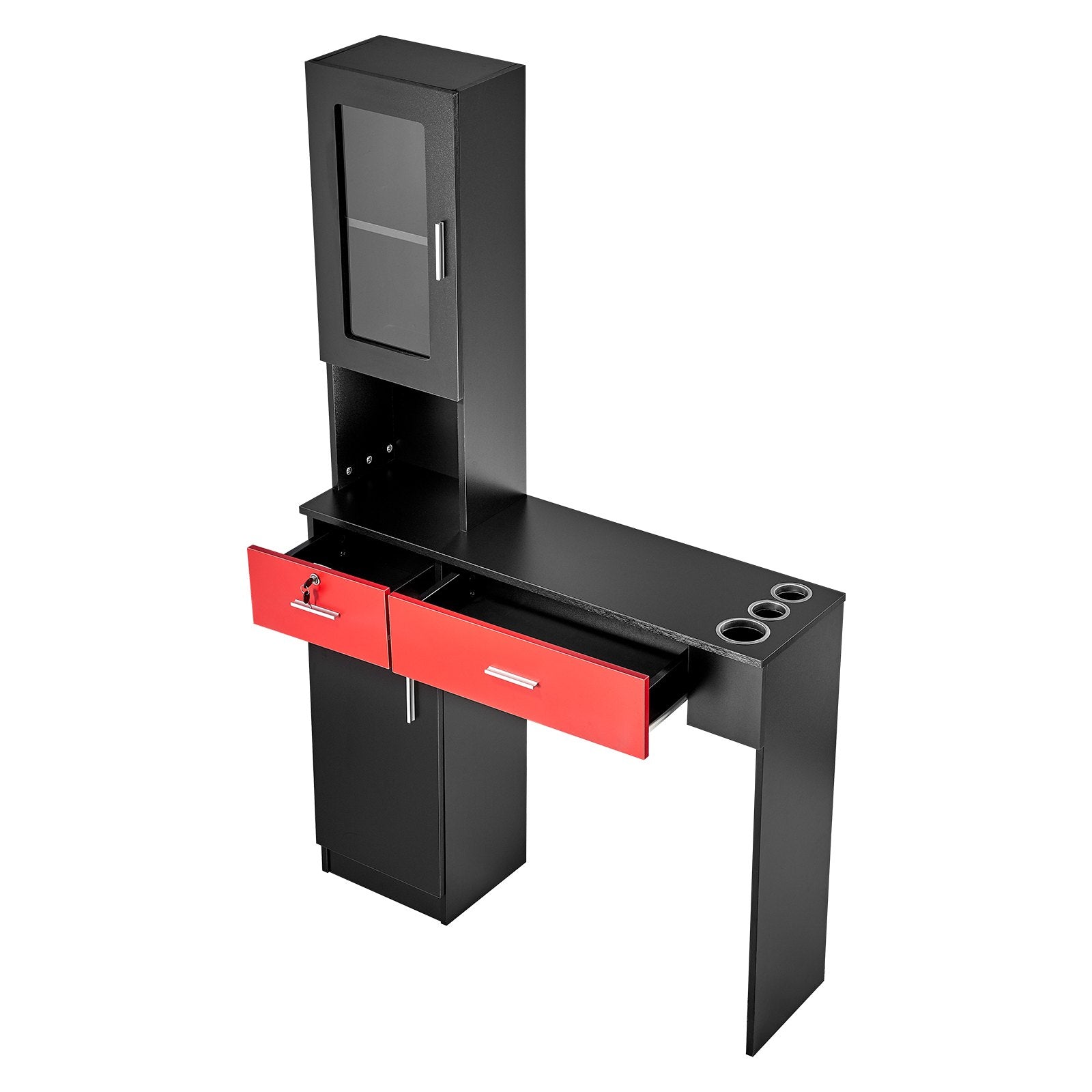 VEVOR Salon Station, Wall Mount Barber Salon Station for Hair Stylist, Beauty Spa Furniture Set, 1 Storage Cabinet, 3 Cubbies and 2 Drawers(One Lockable), Black and Red 11