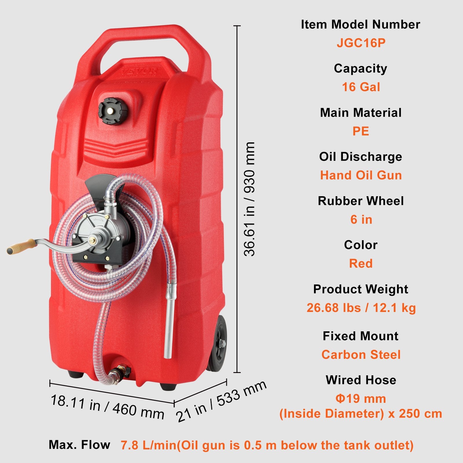 VEVOR 60.57L Fuel Caddy, 7.8 L/min, Portable Gas Storage Tank Container with Hand Pump Rubber Wheels, Fuel Transfer Storage Tank for Gasoline Diesel Machine Oil Car Mowers Tractor Boat Motorcycle 6