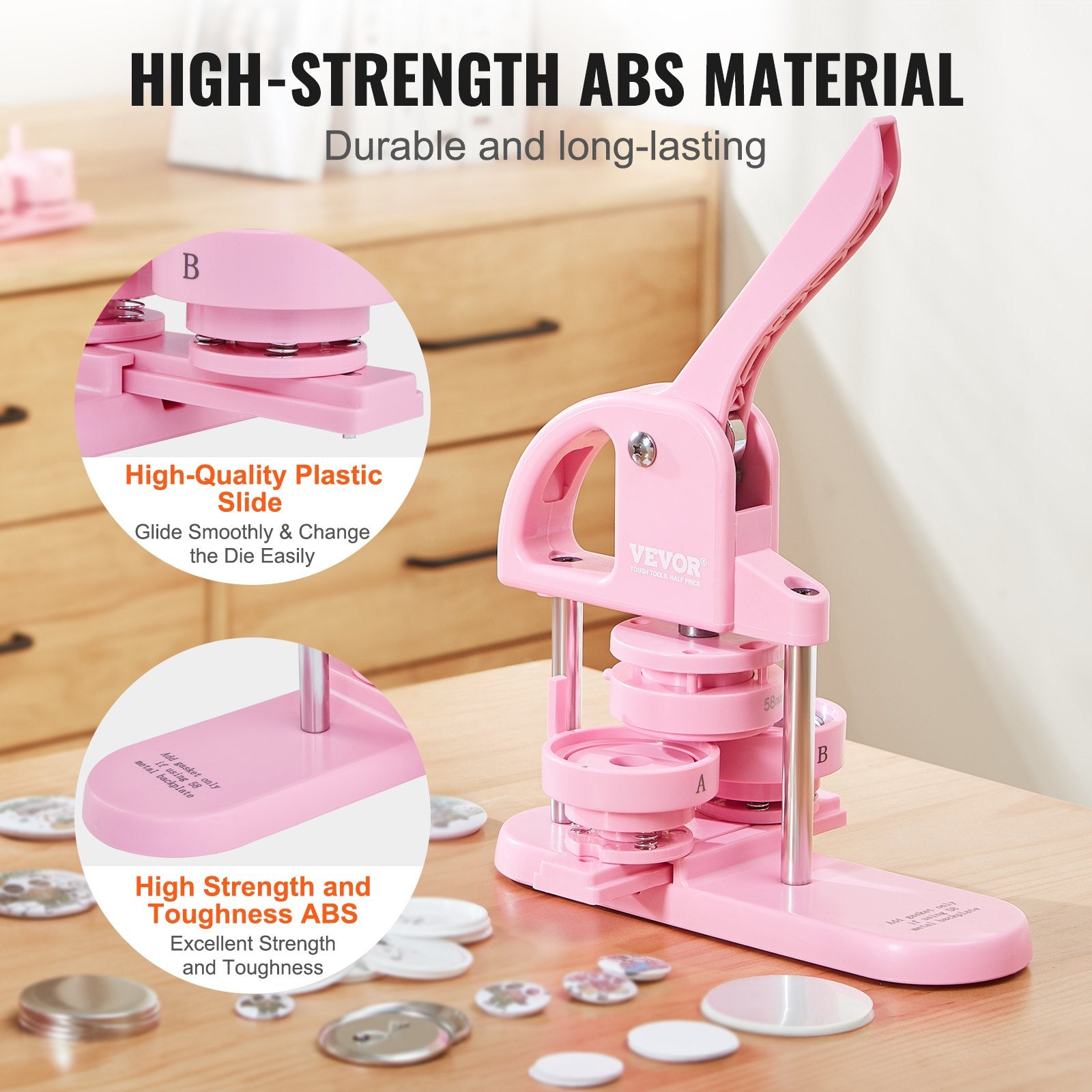 VEVOR Button Maker, 1/1.25/2.28 inch(25/32/58mm) 3-IN-1 Pin Maker, 300pcs Button Parts, Button Maker Machine with Panda Magic Book, Ergonomic Arc Handle Punch Press Kit, For Children DIY Gifts, Pink 4