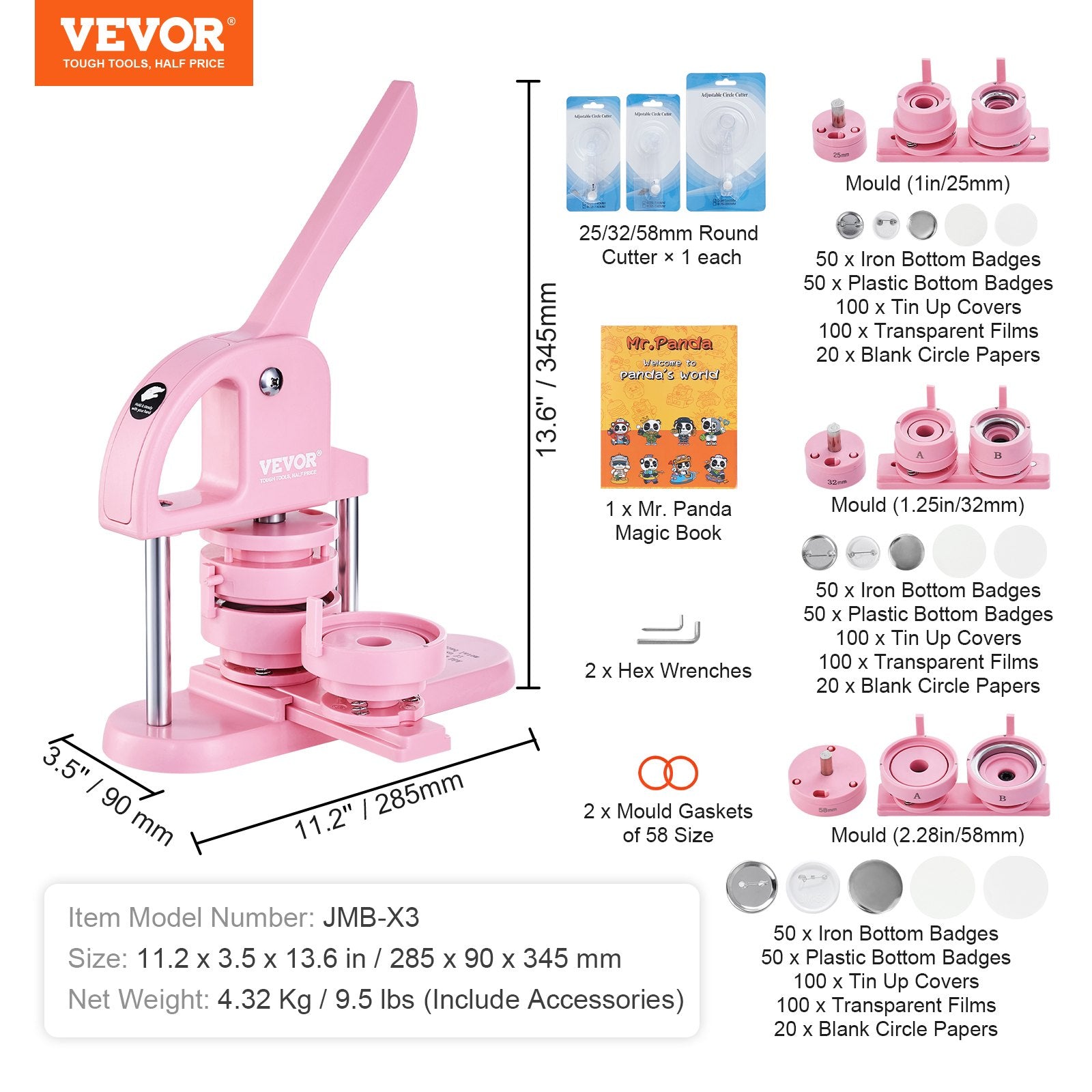 VEVOR Button Maker, 1/1.25/2.28 inch(25/32/58mm) 3-IN-1 Pin Maker, 300pcs Button Parts, Button Maker Machine with Panda Magic Book, Ergonomic Arc Handle Punch Press Kit, For Children DIY Gifts, Pink 7
