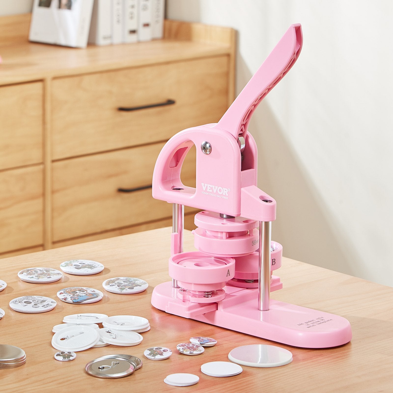 VEVOR Button Maker, 1/1.25/2.28 inch(25/32/58mm) 3-IN-1 Pin Maker, 300pcs Button Parts, Button Maker Machine with Panda Magic Book, Ergonomic Arc Handle Punch Press Kit, For Children DIY Gifts, Pink 8