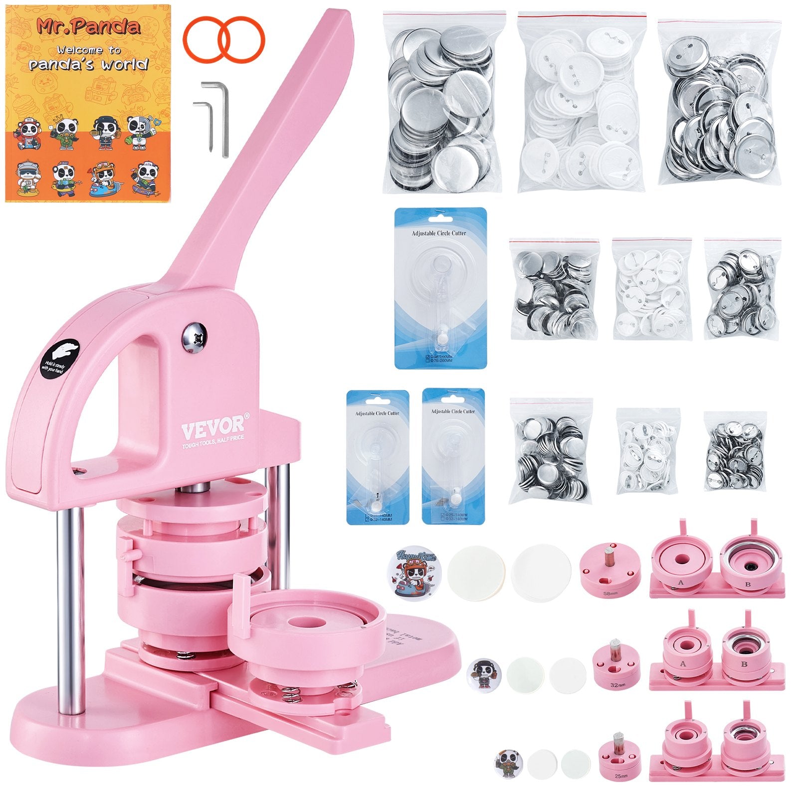 VEVOR Button Maker, 1/1.25/2.28 inch(25/32/58mm) 3-IN-1 Pin Maker, 300pcs Button Parts, Button Maker Machine with Panda Magic Book, Ergonomic Arc Handle Punch Press Kit, For Children DIY Gifts, Pink 9