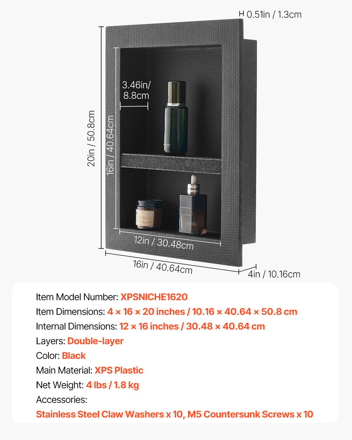 VEVOR Shower Niche 40.6 x 50.8 x 10.2 cm Recessed Wall Divider Shelf Bathroom 7