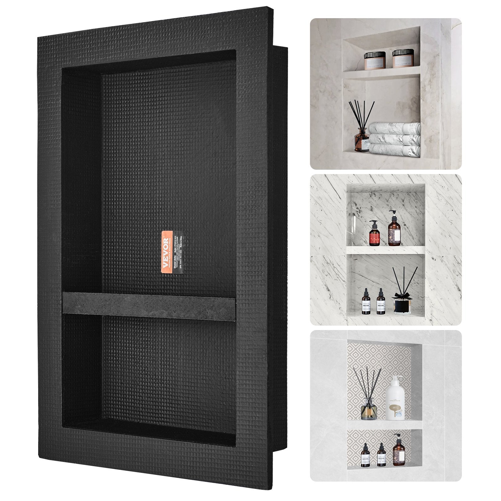 VEVOR Shower Niche Ready for Tile 40.64 x 60.96 cm, 16 x 24 inch Double Shelf Organizer Black
