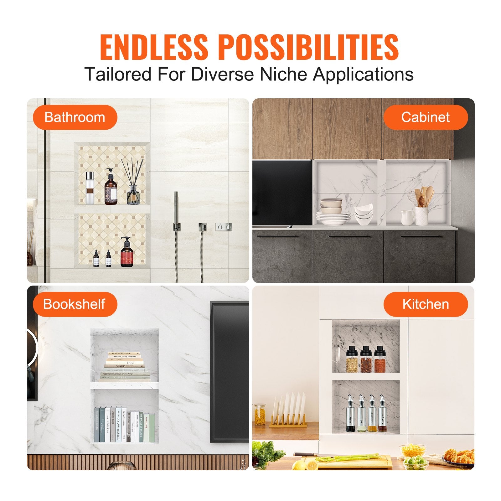 VEVOR Shower Niche Ready for Tile 40.64 x 60.96 cm, 16 x 24 inch Double Shelf Organizer Black 6