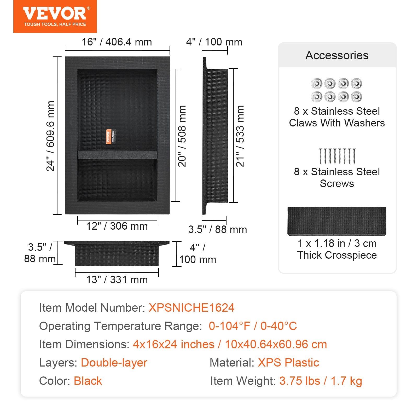 VEVOR Shower Niche Ready for Tile 40.64 x 60.96 cm, 16 x 24 inch Double Shelf Organizer Black 7