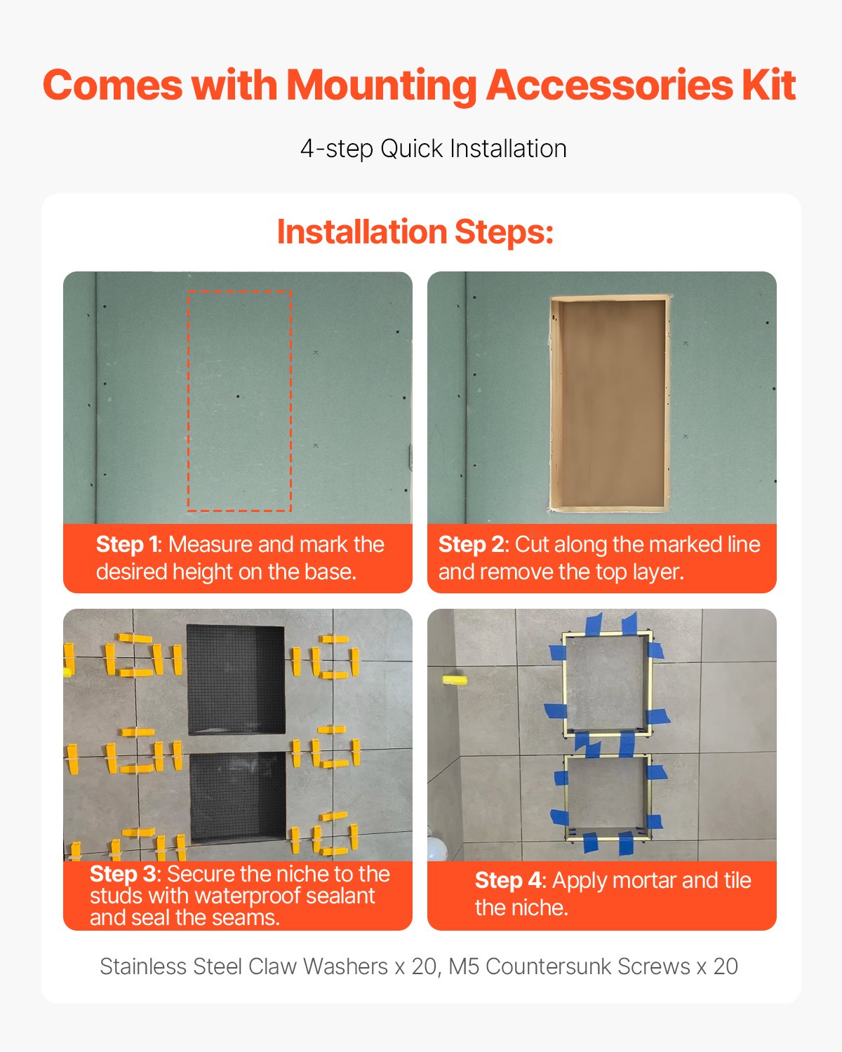 VEVOR Shower Niche 40.6 x 61+40.6 x 61 cm Recessed Wall Organizer Bathroom 5