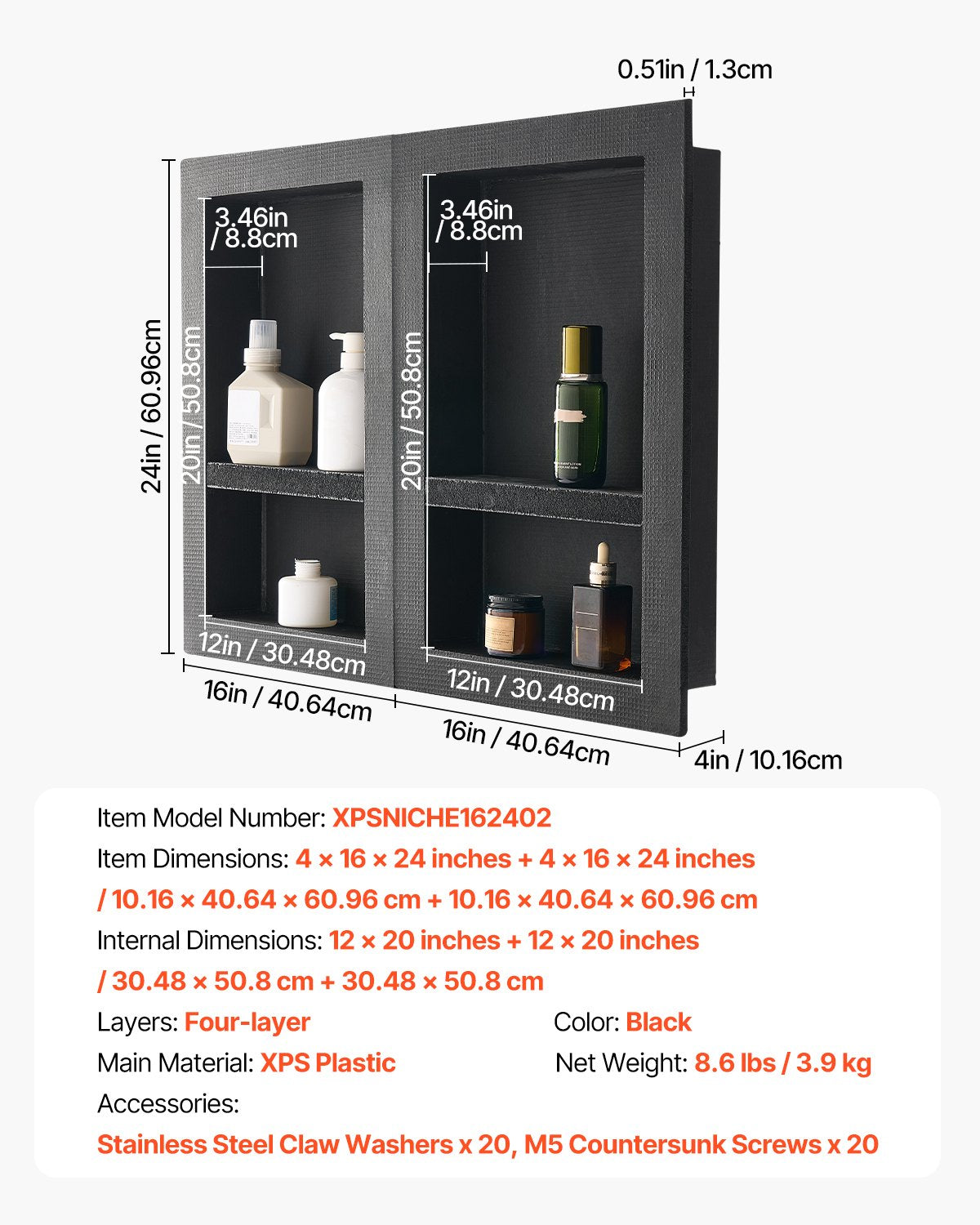 VEVOR Shower Niche 40.6 x 61+40.6 x 61 cm Recessed Wall Organizer Bathroom 7