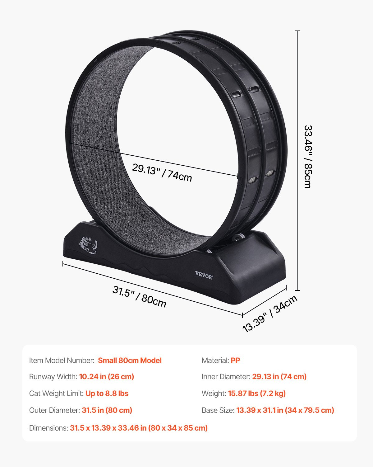 VEVOR Cat Exercise Wheel, 31.5 in, Large Cat Running Wheel with Secure Brake & Carpeted Runway, Quiet Operation Cat Treadmill, Indoor Cats Exerciser Wheel for Pets Weight Loss & Health Black 7