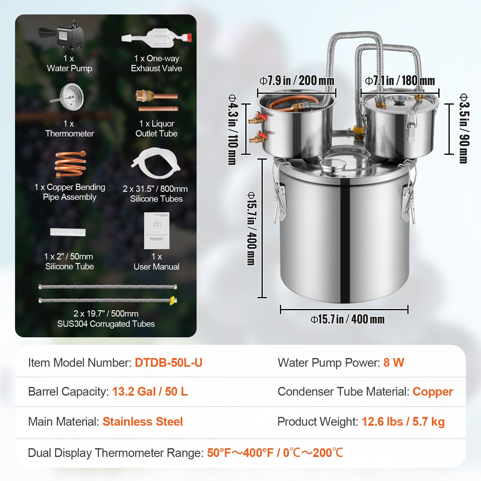 VEVOR Moonshine Still Water Alcohol Distiller 13.2Gal w/Thumper Keg & Water Pump 7