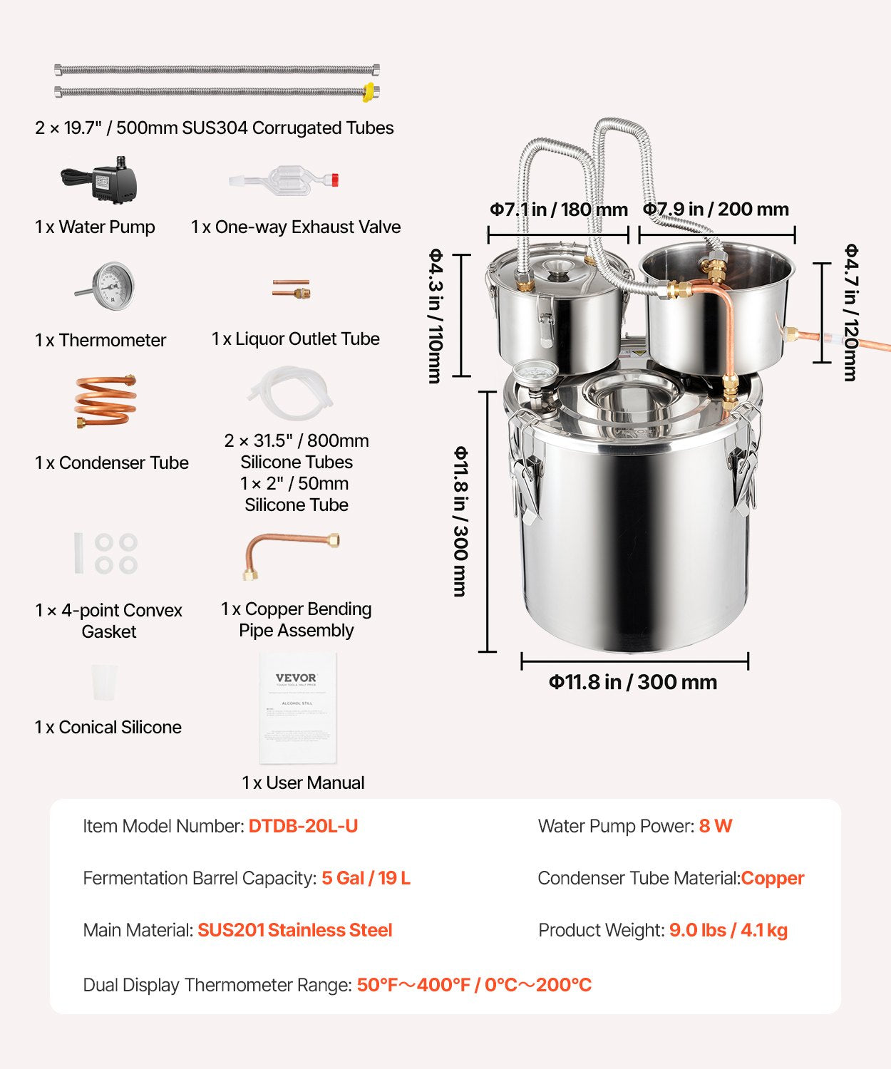 VEVOR Moonshine Still Water Alcohol Distiller 5Gal w/Thumper Keg & 8W Water Pump 7