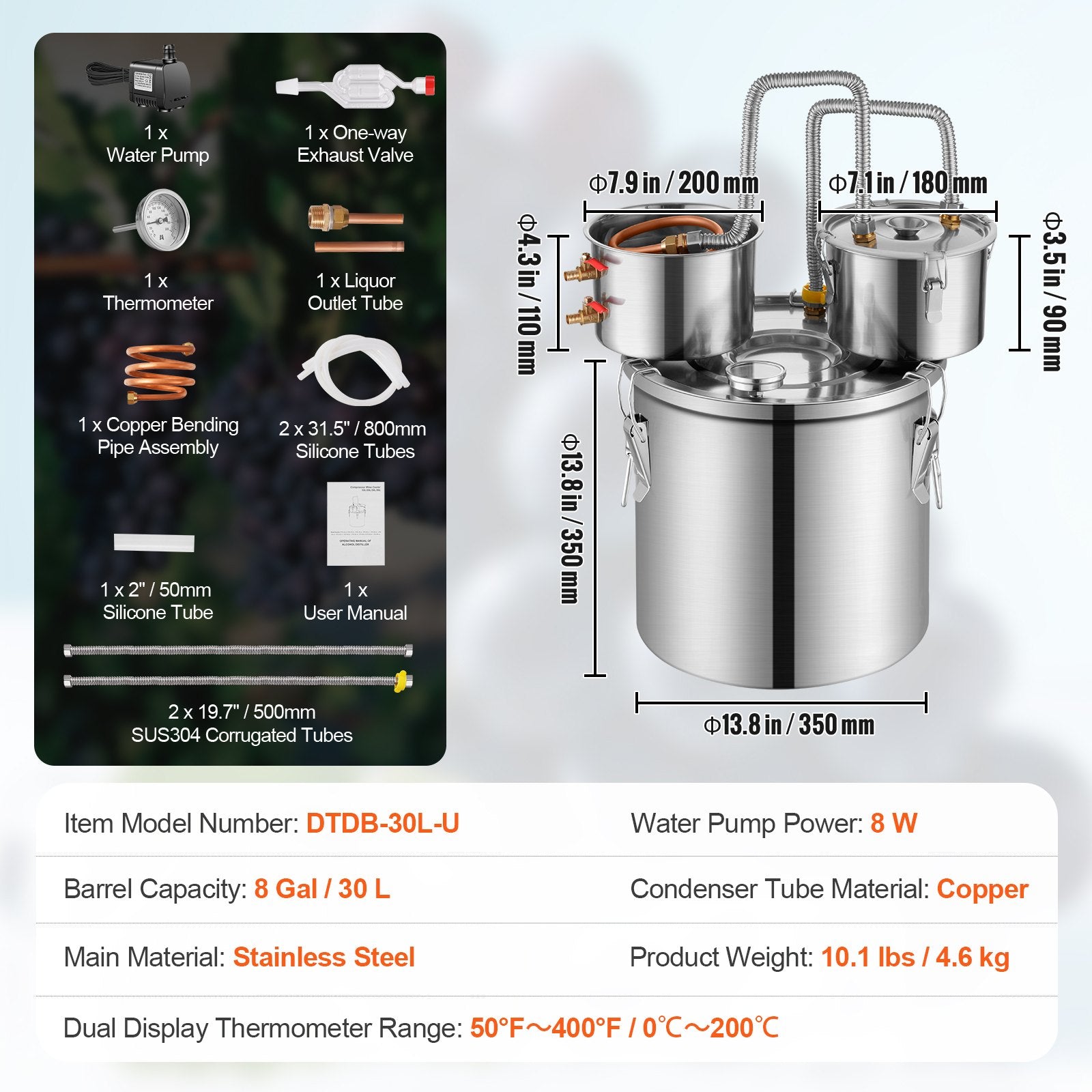 VEVOR Moonshine Still Water Alcohol Distiller 8Gal w/Thumper Keg & 8W Water Pump 6