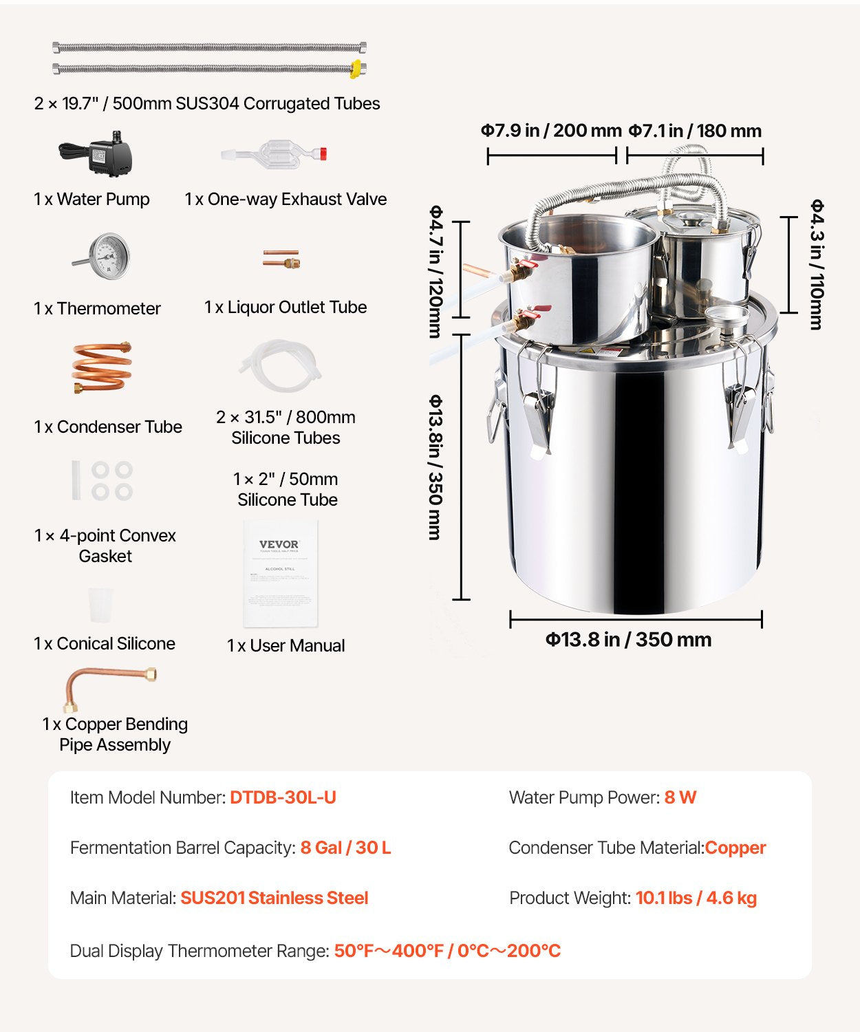 VEVOR Moonshine Still Water Alcohol Distiller 8Gal w/Thumper Keg & 8W Water Pump 7