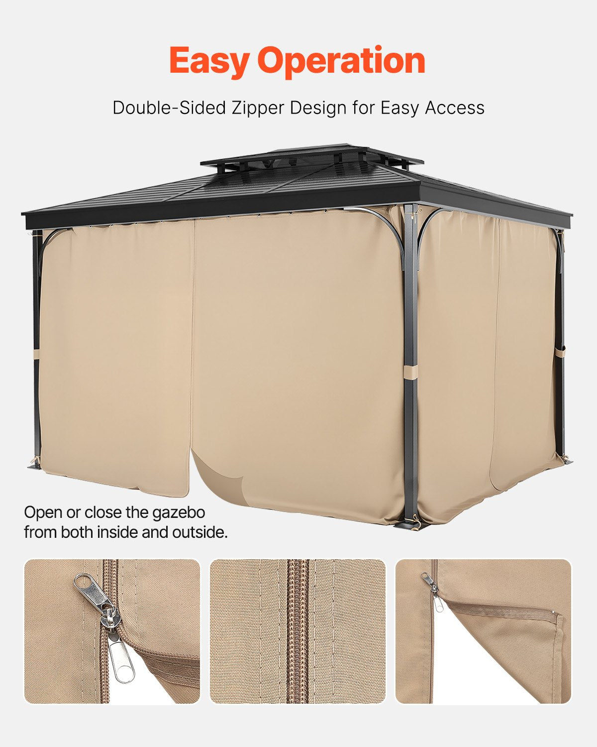 VEVOR Gazebo Curtains Outdoor, 12' x 10' x 7.3' Gazebos, 4-Panel Sidewall Gazebo Privacy Curtains with Zippers, Outdoor Curtain Replacement for Patio Canopy, Only Curtain, Khaki 4