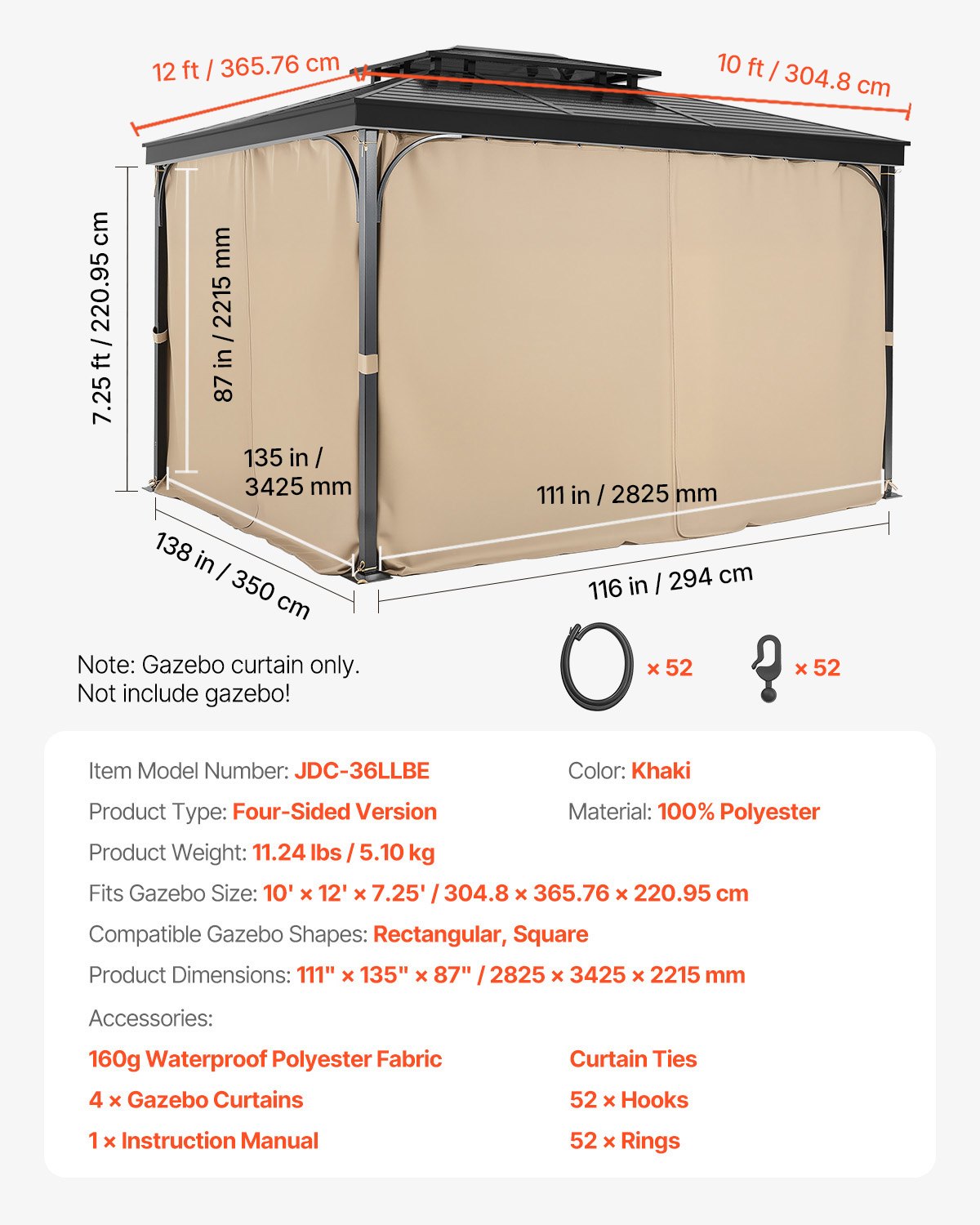 VEVOR Gazebo Curtains Outdoor, 12' x 10' x 7.3' Gazebos, 4-Panel Sidewall Gazebo Privacy Curtains with Zippers, Outdoor Curtain Replacement for Patio Canopy, Only Curtain, Khaki 7