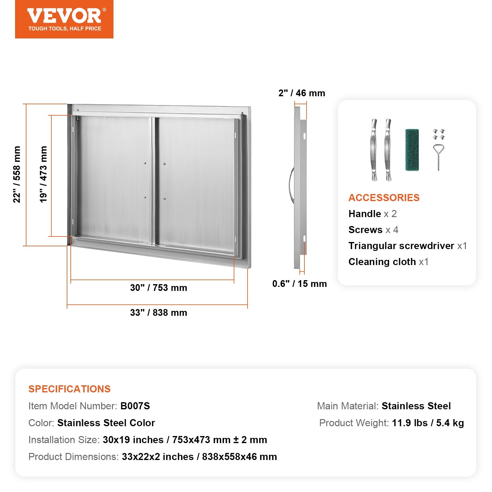 VEVOR BBQ Access Door, 838x558 mm Double Outdoor Kitchen Door, Stainless Steel Flush Mount Door, Wall Vertical Door with Handles, for BBQ Island, Grilling Station, Outside Cabinet 7