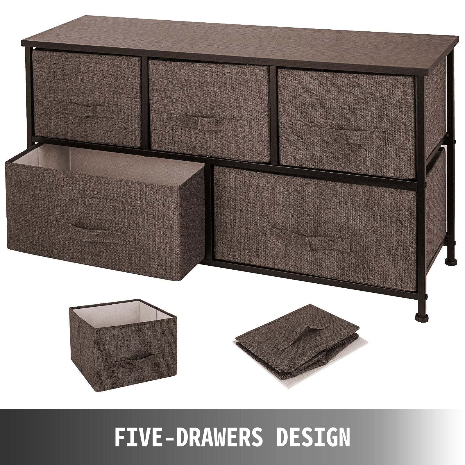 VEVOR Dresser Storage Tower with 5 Fabric Drawer Steel Frame Storage Cabinet Bin Storage Organizer Unit Fabric Cube Dresser Chest Cabinet Coffee Wide (Coffee/Wide) 3