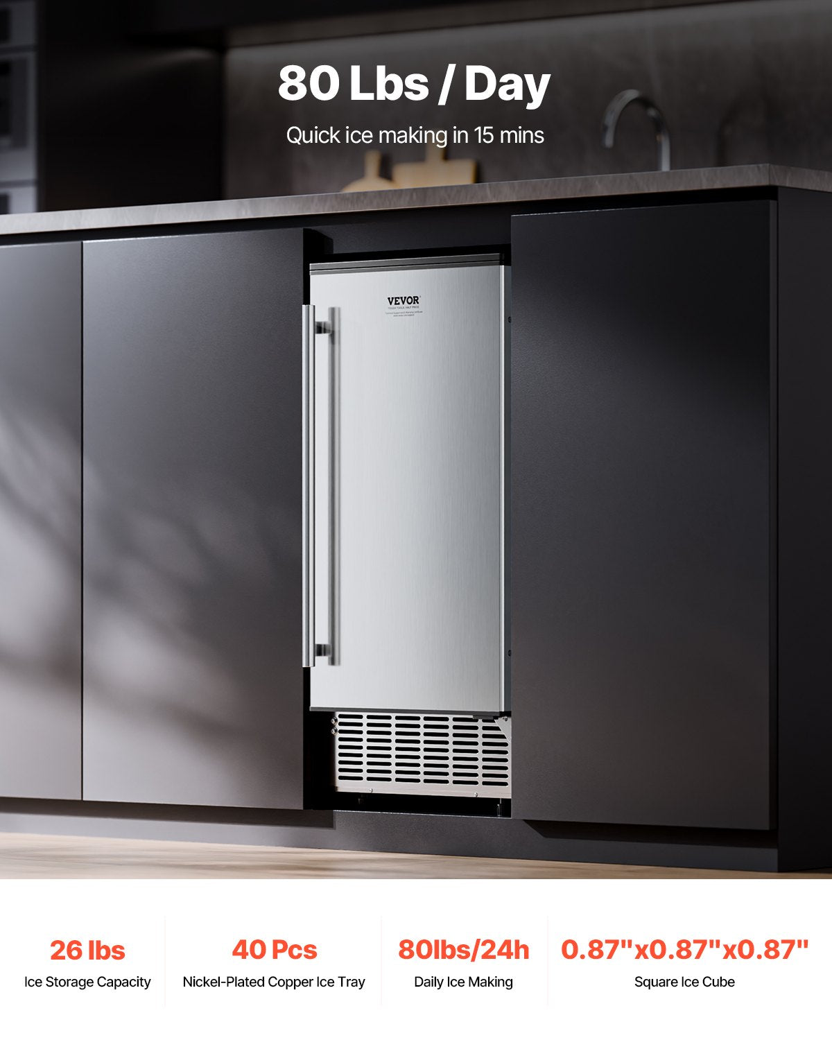 VEVOR Undercounter Built-in Ice Maker, 80 Lbs/Day Under Counter Ice Maker Machine with Reversible Door Stainless Steel, Freestanding Ice Maker for Commercial Home Kitchen, Electric Drainage