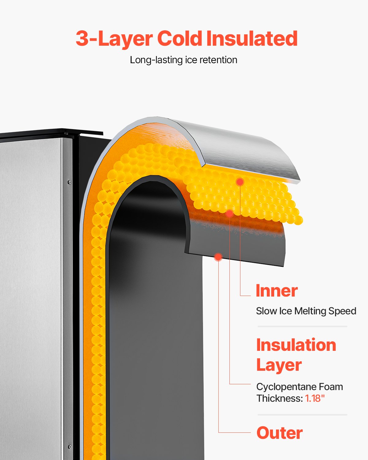 VEVOR Undercounter Built-in Ice Maker, 80 Lbs/Day Under Counter Ice Maker Machine with Reversible Door Stainless Steel, Freestanding Ice Maker for Commercial Home Kitchen, Electric Drainage 4