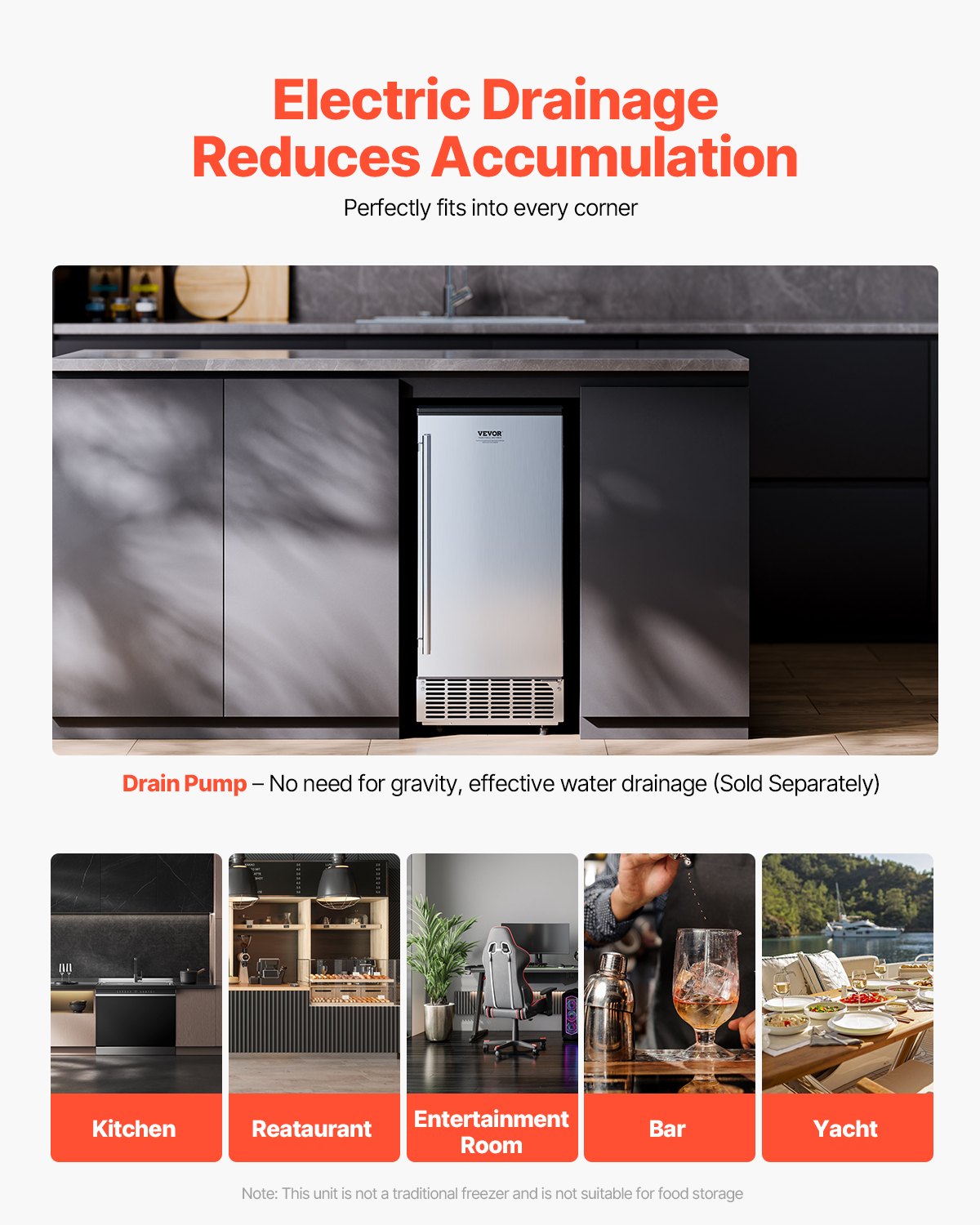 VEVOR Undercounter Built-in Ice Maker, 80 Lbs/Day Under Counter Ice Maker Machine with Reversible Door Stainless Steel, Freestanding Ice Maker for Commercial Home Kitchen, Electric Drainage 6