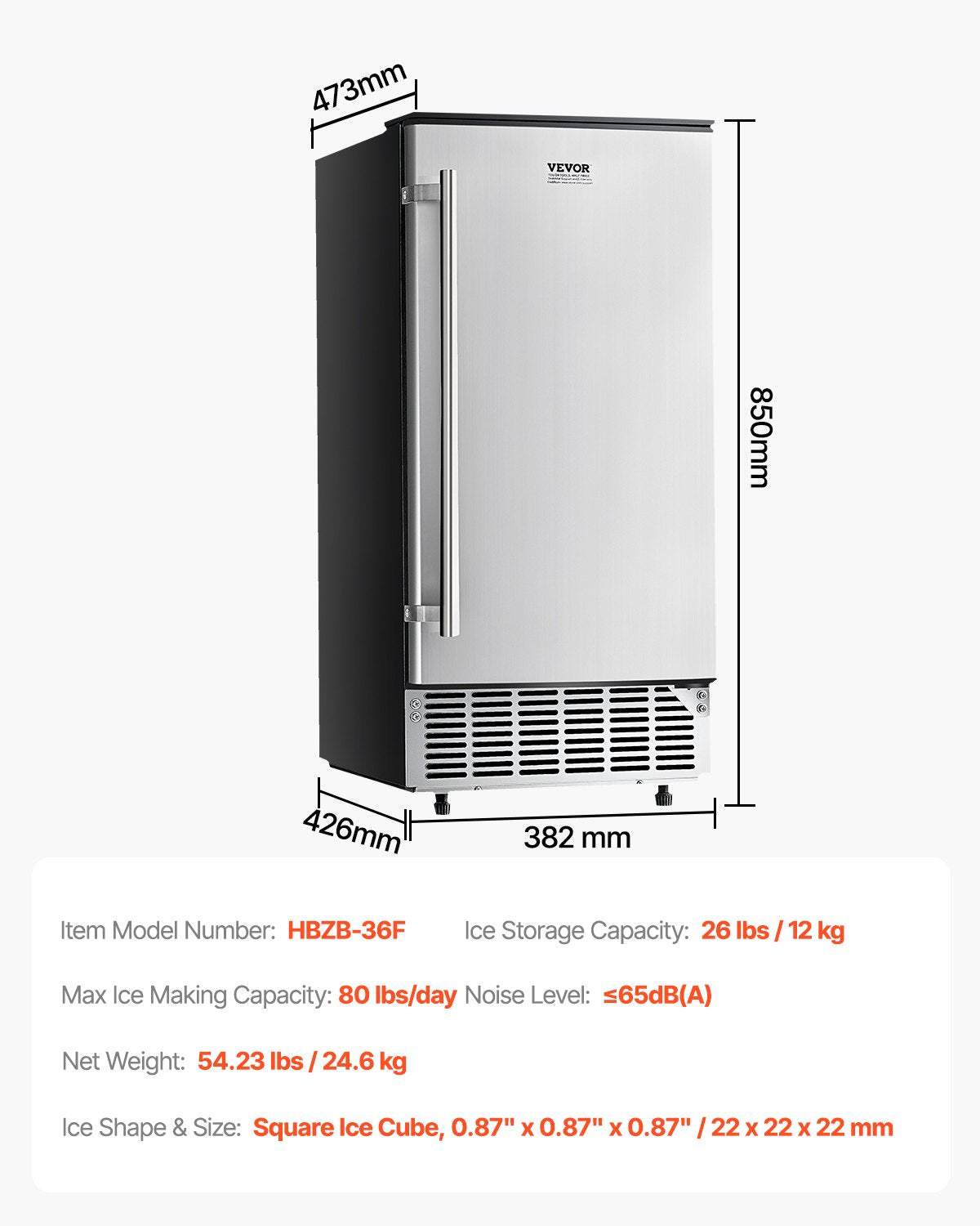 VEVOR Undercounter Built-in Ice Maker, 80 Lbs/Day Under Counter Ice Maker Machine with Reversible Door Stainless Steel, Freestanding Ice Maker for Commercial Home Kitchen, Electric Drainage 7