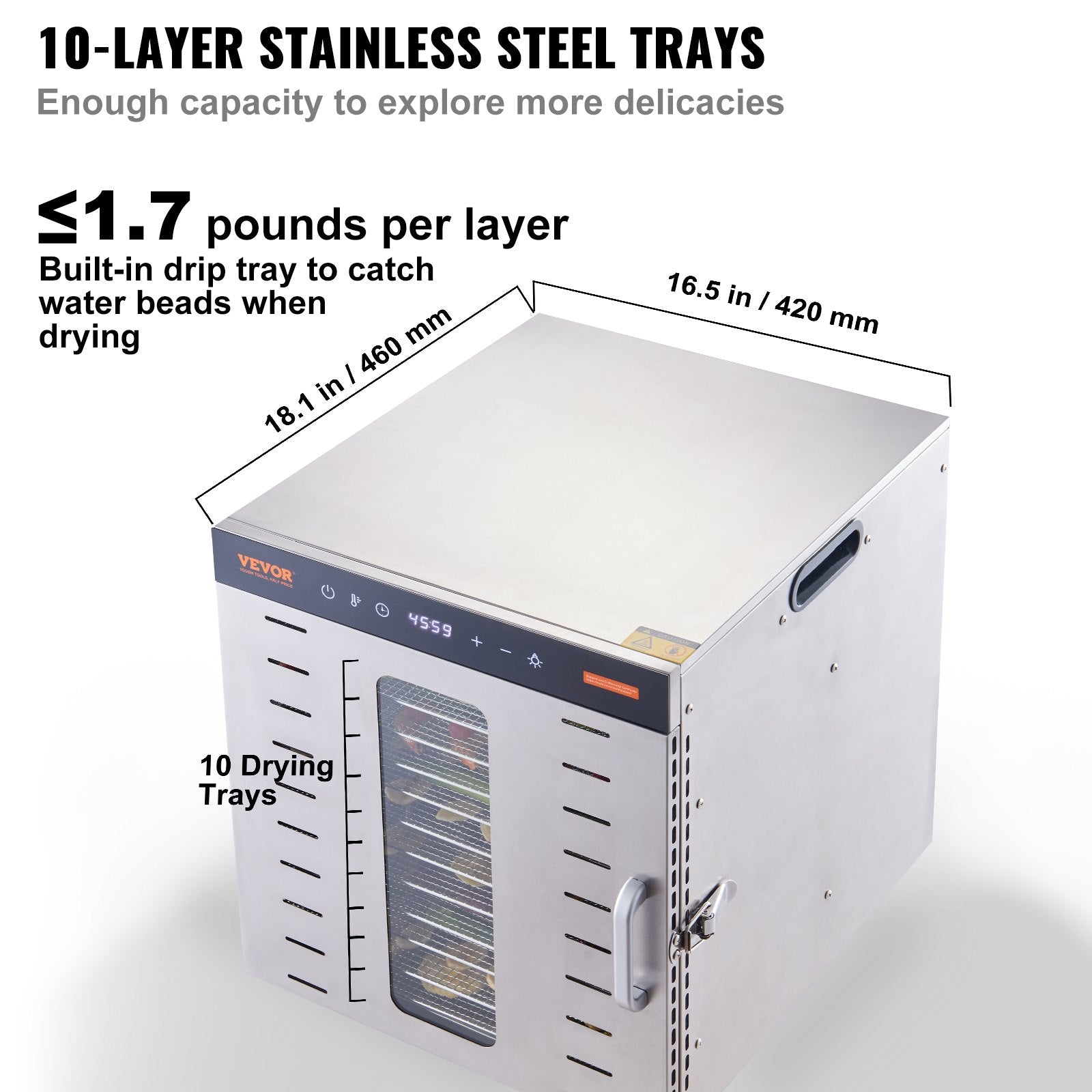 VEVOR 10 Trays Food Dehydrator Machine Stainless Steel 1000W Jerky Fruit Drying 3
