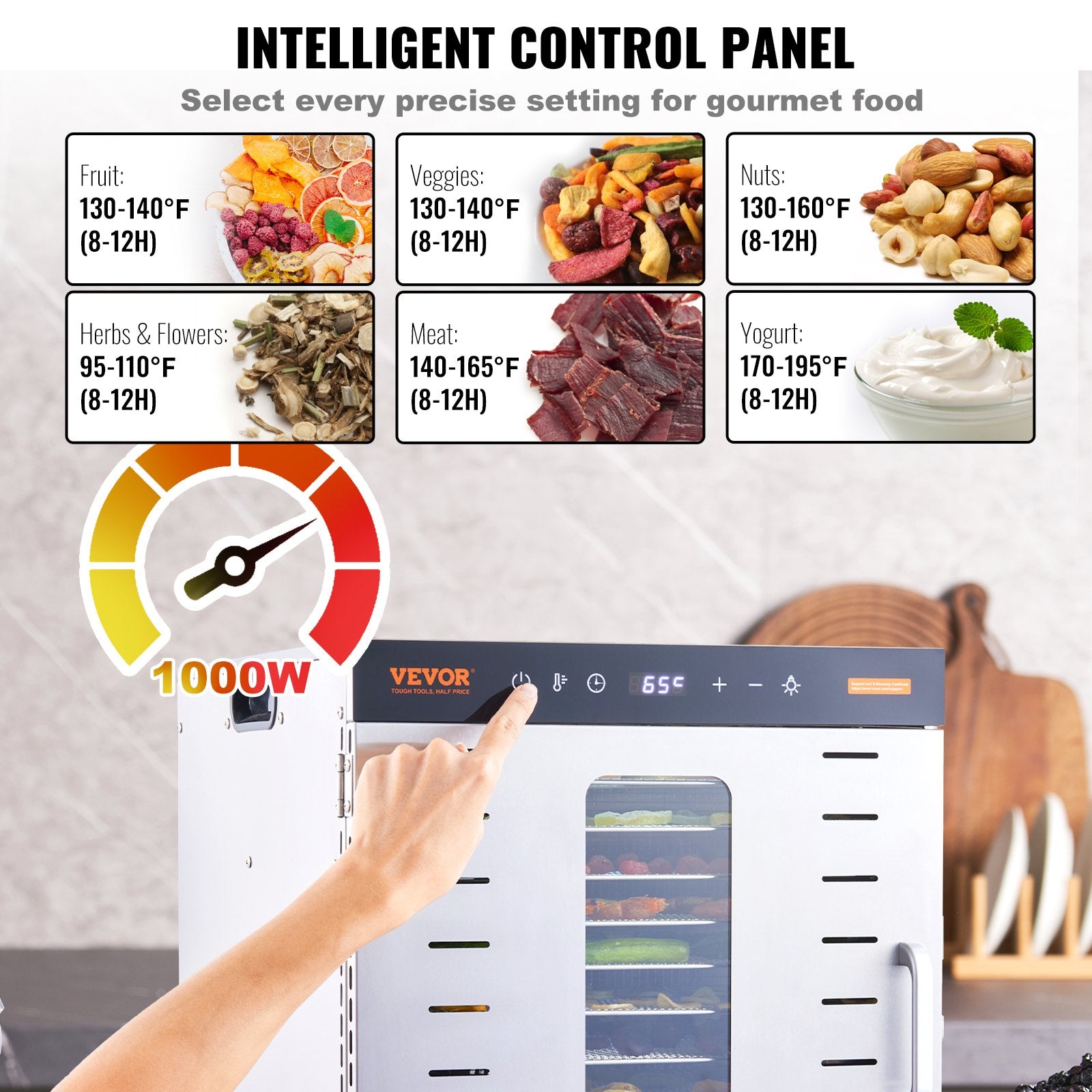 VEVOR 10 Trays Food Dehydrator Machine Stainless Steel 1000W Jerky Fruit Drying 4