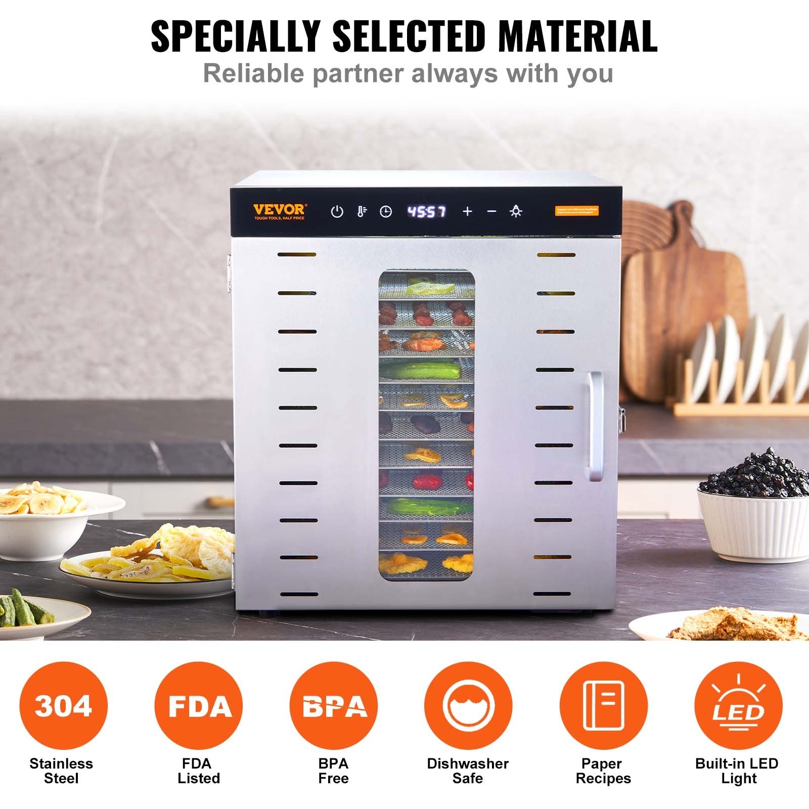 VEVOR 10 Trays Food Dehydrator Machine Stainless Steel 1000W Jerky Fruit Drying 5