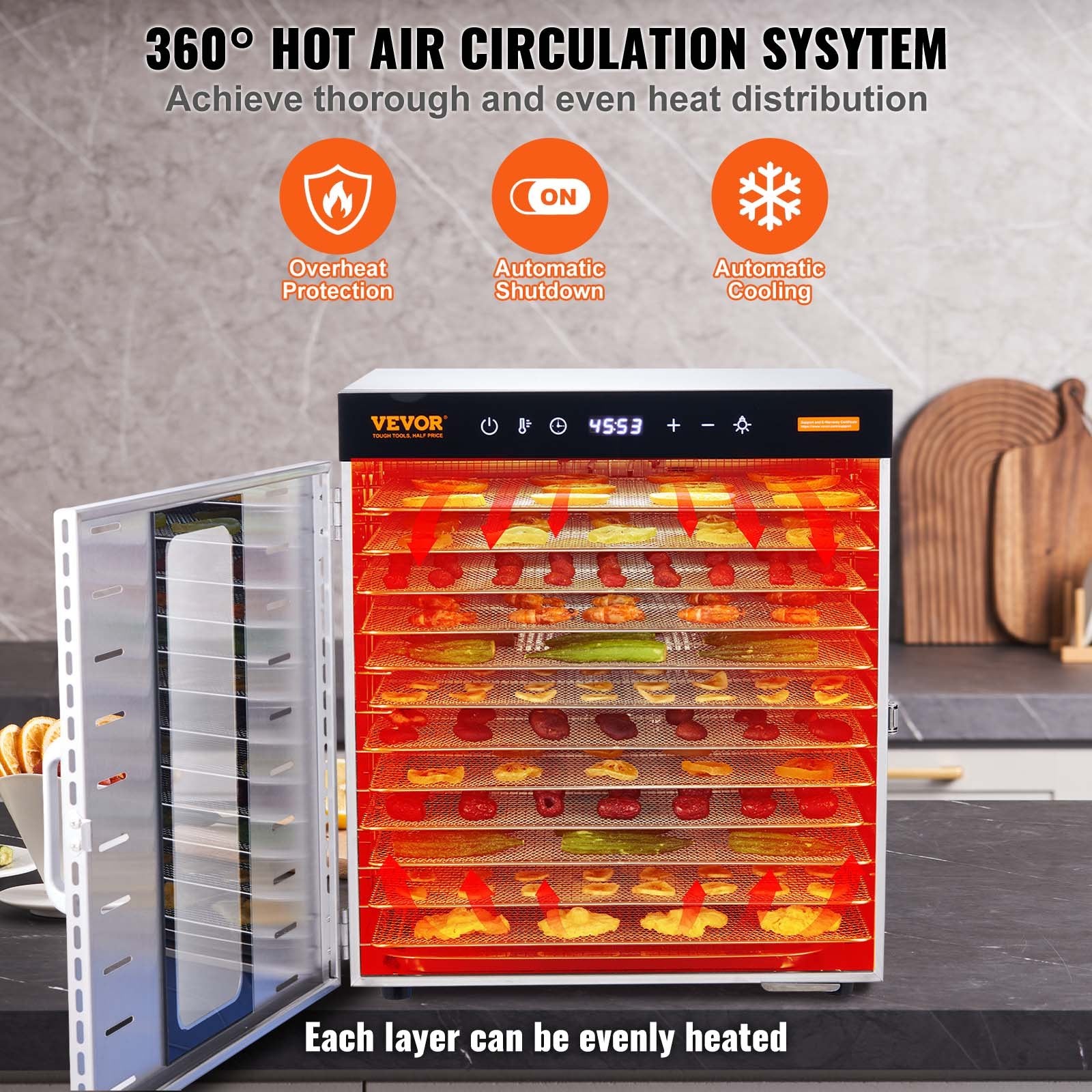 VEVOR 10 Trays Food Dehydrator Machine Stainless Steel 1000W Jerky Fruit Drying 6