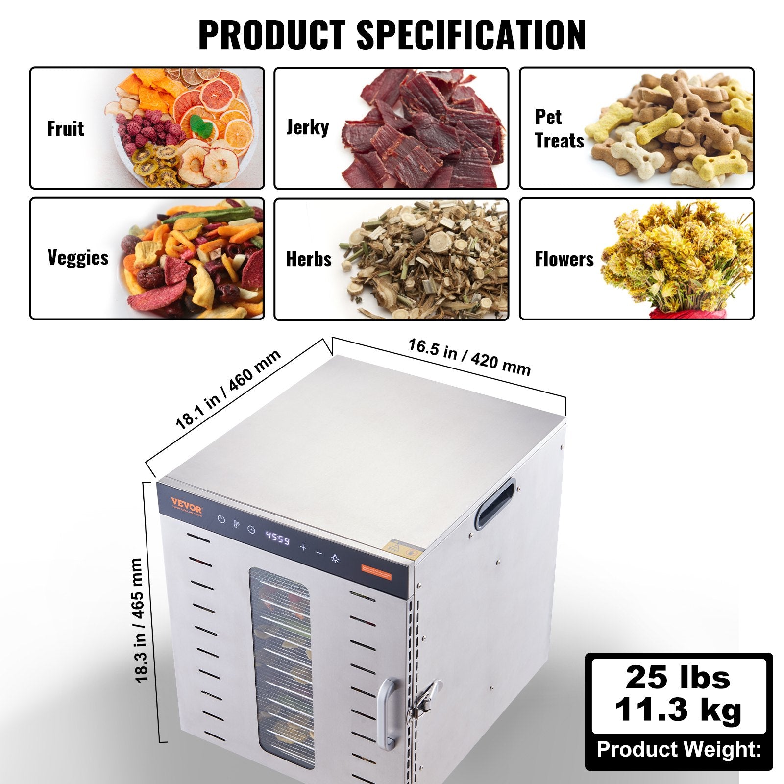 VEVOR 10 Trays Food Dehydrator Machine Stainless Steel 1000W Jerky Fruit Drying 7