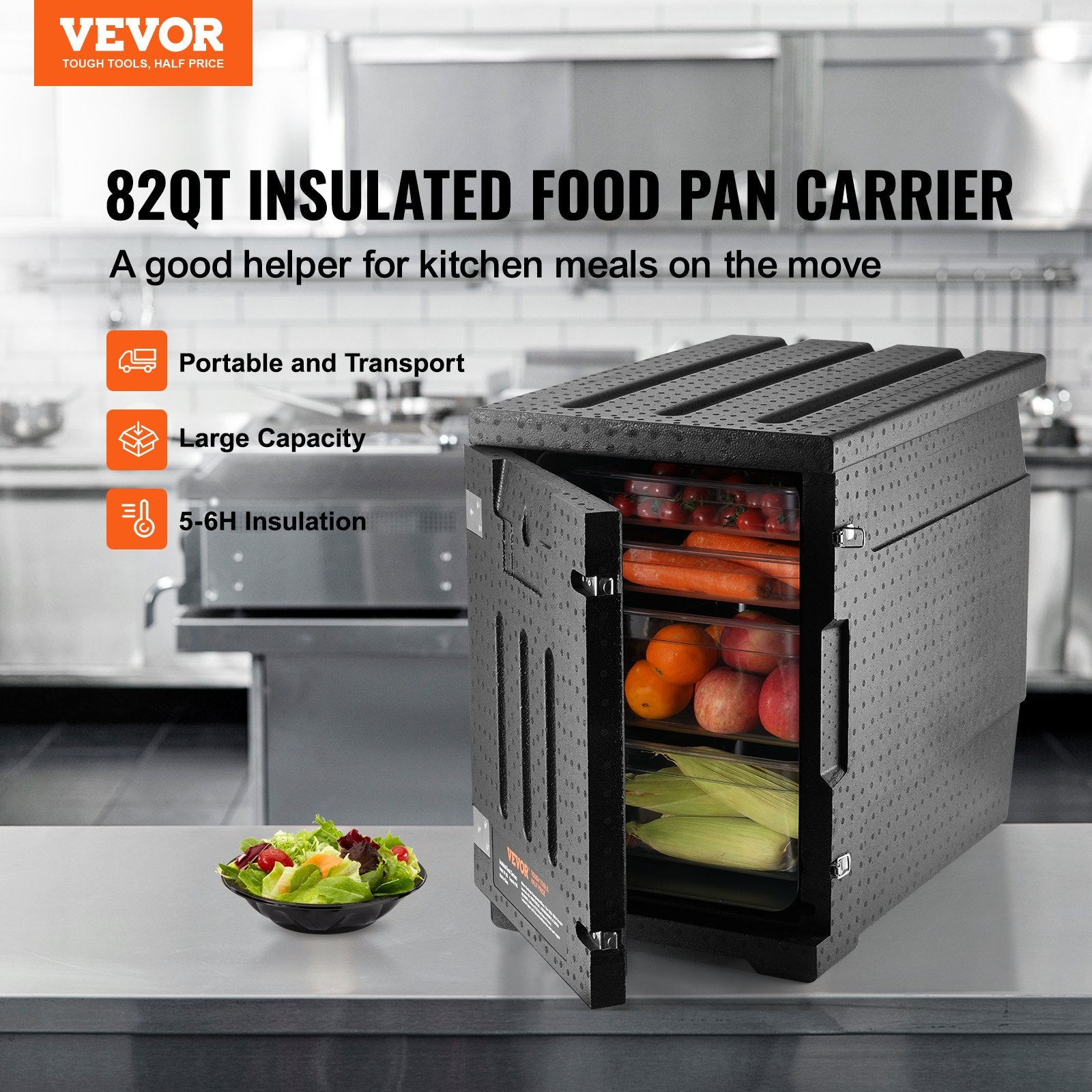 VEVOR Insulated Food Pan Carrier, 90L Hot Box for Catering, LLDPE Food Box Carrier with Double Buckles, Front Loading Food Warmer for Restaurant, Canteen, etc.