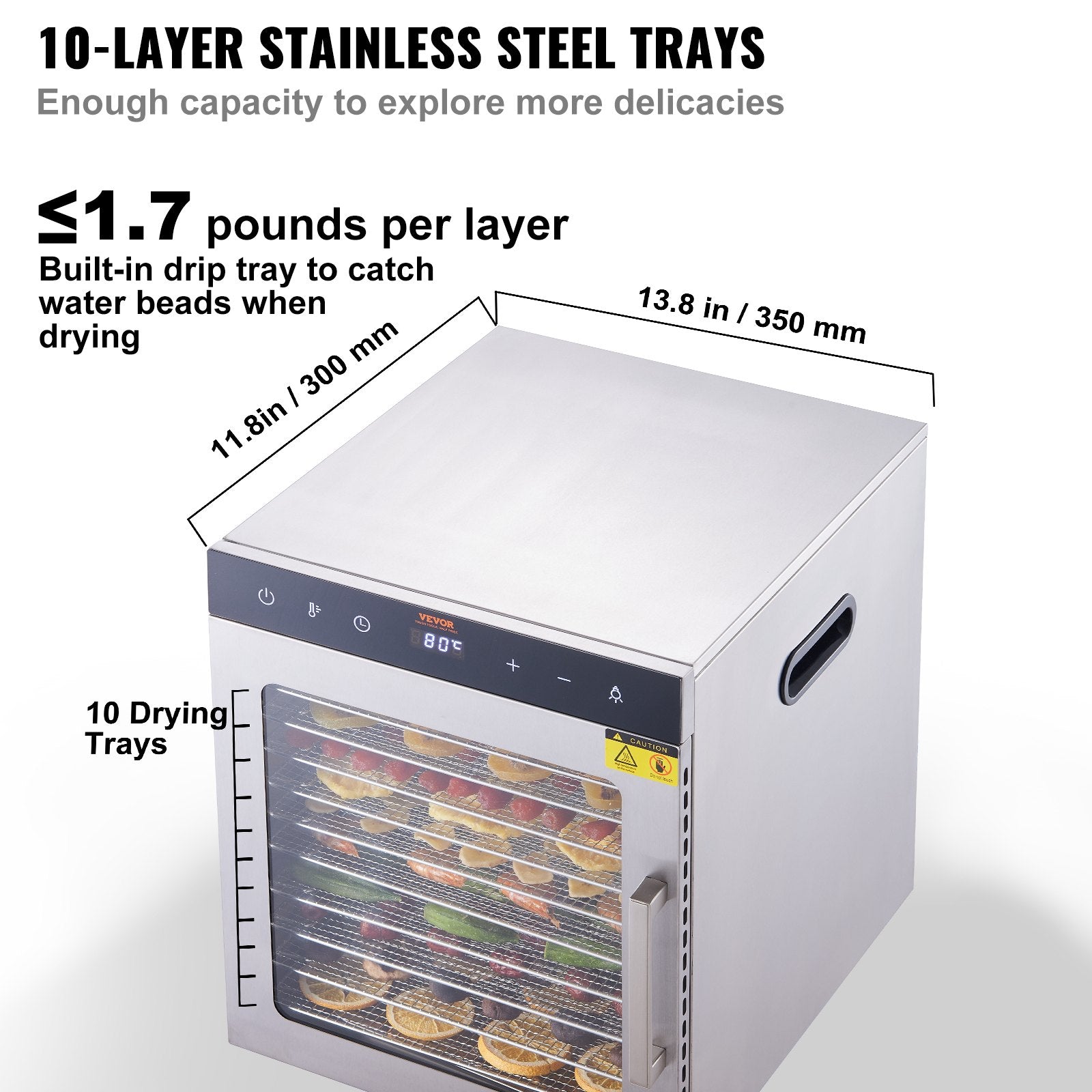 VEVOR 10 Trays Food Dehydrator Machine Stainless Steel 800W Jerky Fruit Drying 3