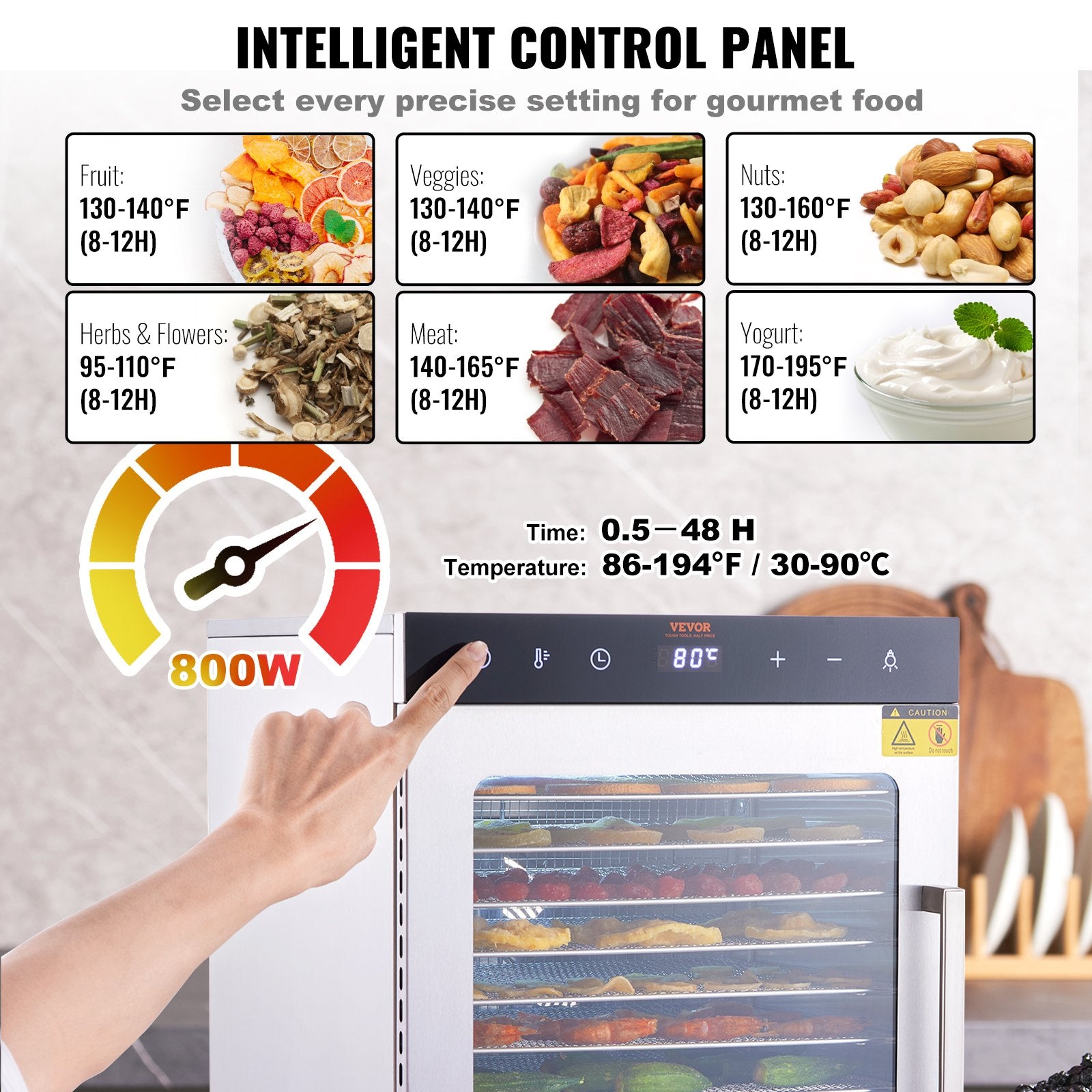 VEVOR 10 Trays Food Dehydrator Machine Stainless Steel 800W Jerky Fruit Drying 4