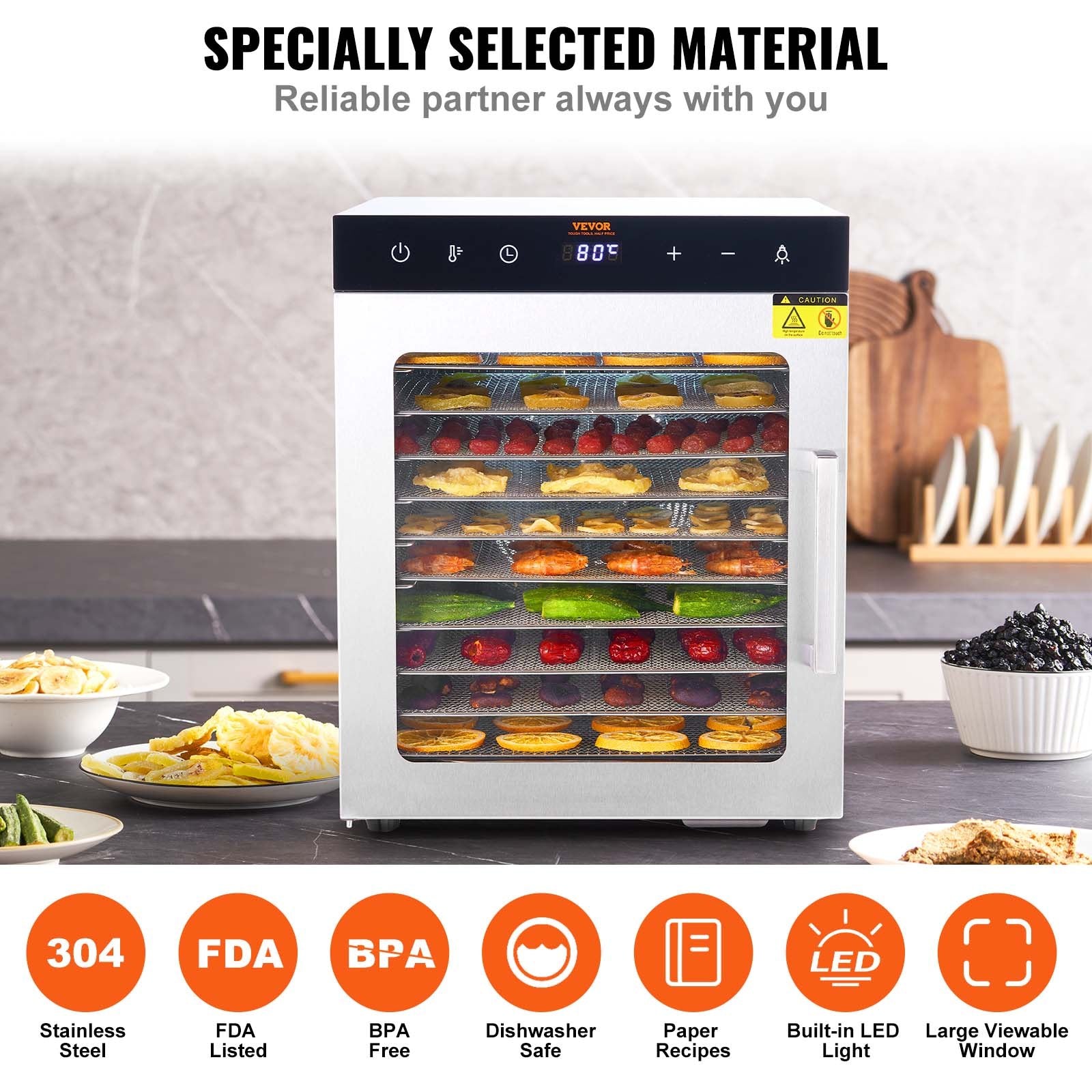 VEVOR 10 Trays Food Dehydrator Machine Stainless Steel 800W Jerky Fruit Drying 5