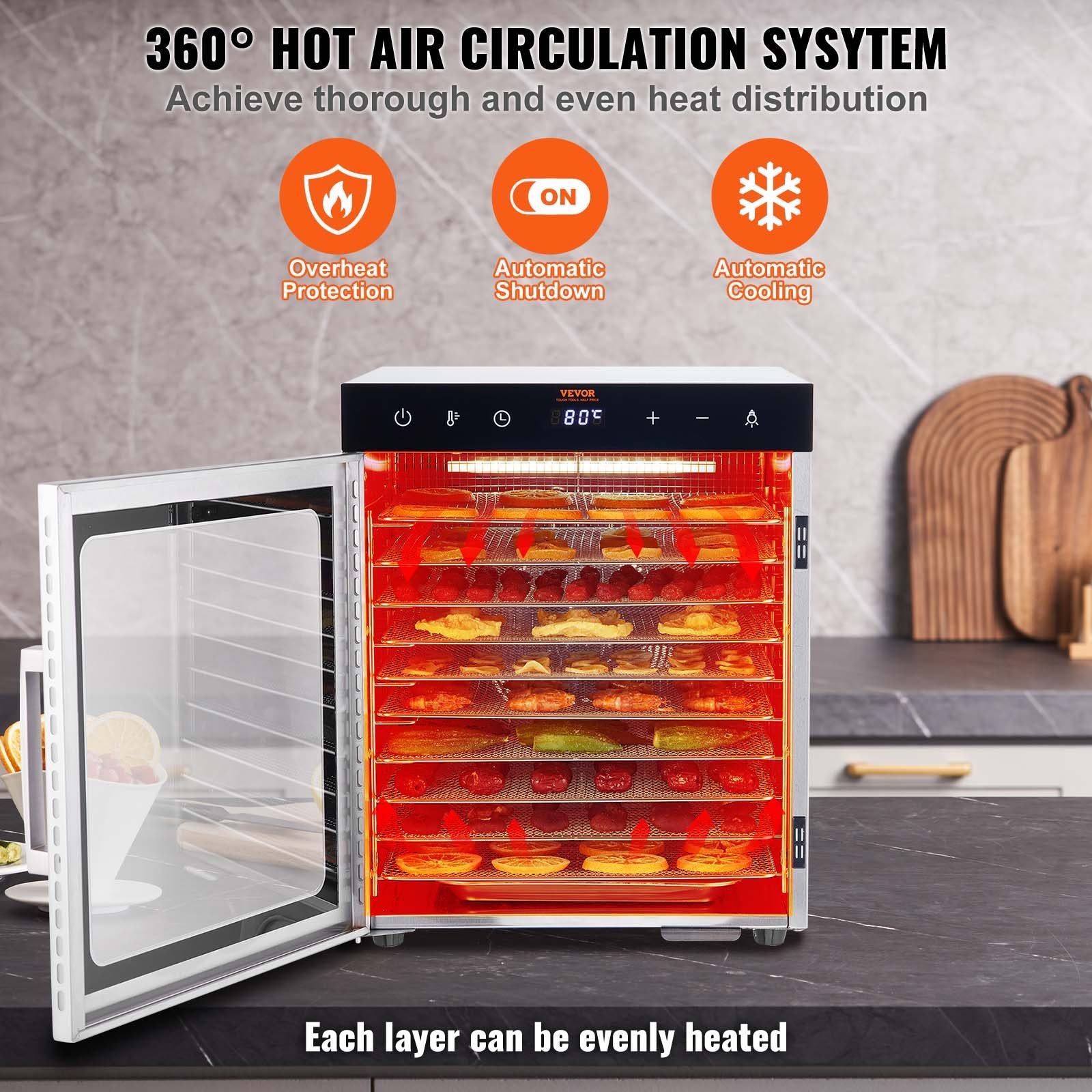 VEVOR 10 Trays Food Dehydrator Machine Stainless Steel 800W Jerky Fruit Drying 6