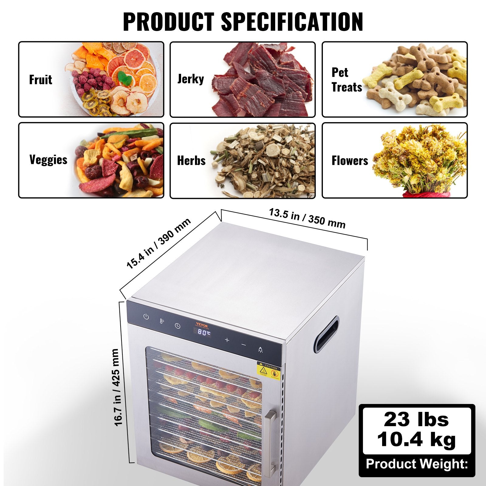 VEVOR 10 Trays Food Dehydrator Machine Stainless Steel 800W Jerky Fruit Drying 7