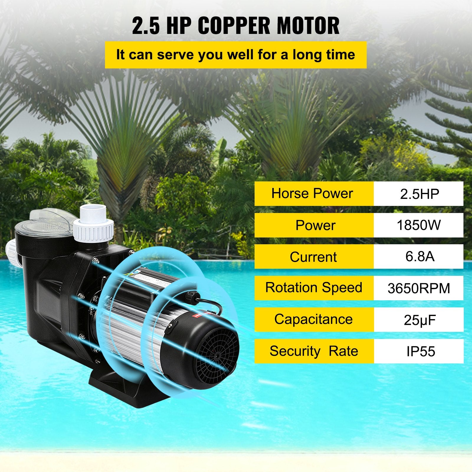 VEVOR Swimming Pool Filter Pump 2.5HP, 1850W Swimming Pool Pump 148GPM, Single Speed Filter for Spa Water Circulation Above Ground Apply Swimming Pool, Bathtub 3