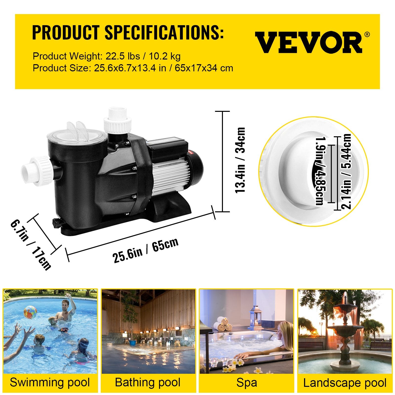 VEVOR Swimming Pool Filter Pump 2.5HP, 1850W Swimming Pool Pump 148GPM, Single Speed Filter for Spa Water Circulation Above Ground Apply Swimming Pool, Bathtub 7
