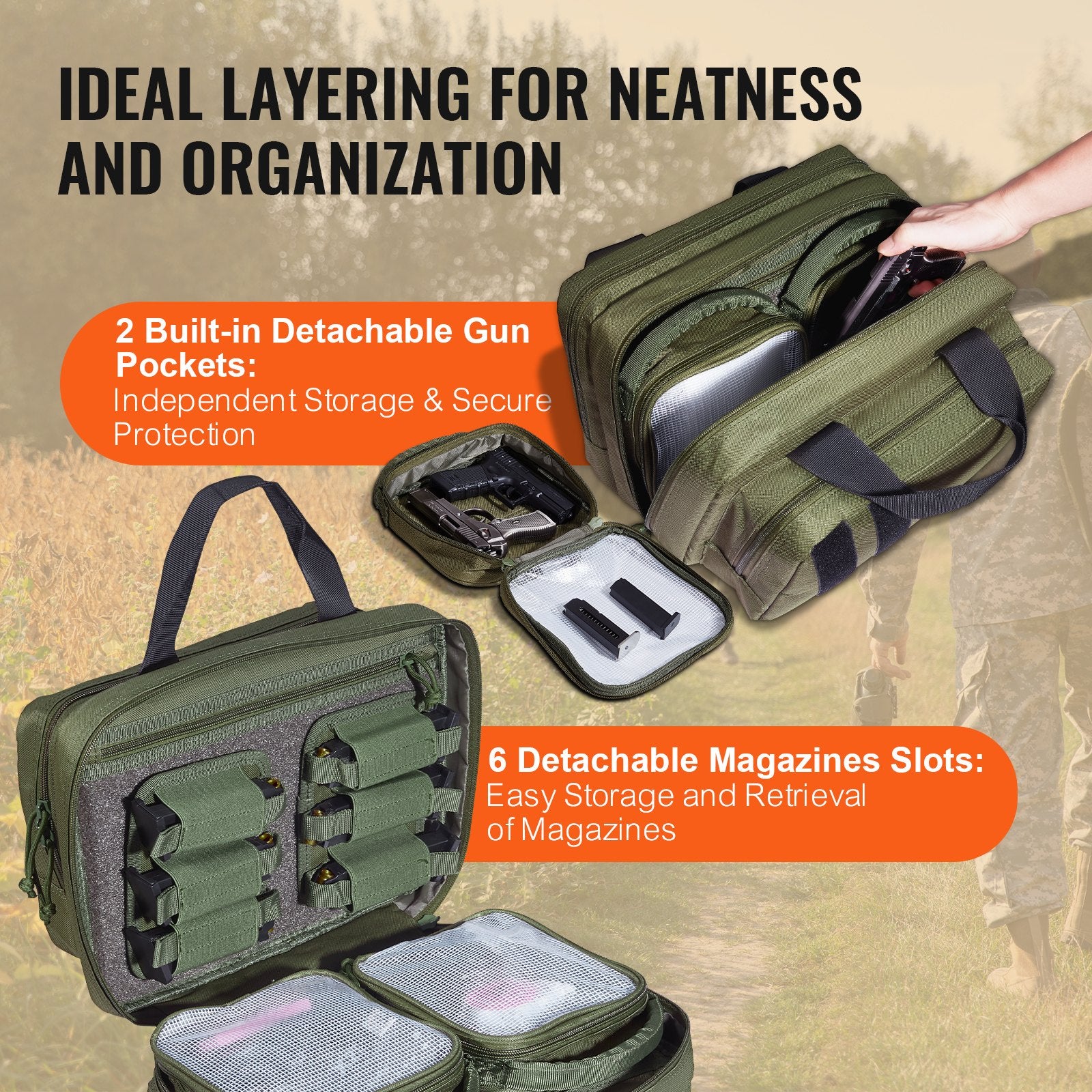 VEVOR Range Bag for 2 Pistols Tactical Gun Bag 2 Built-in Pistol Bags Green 3