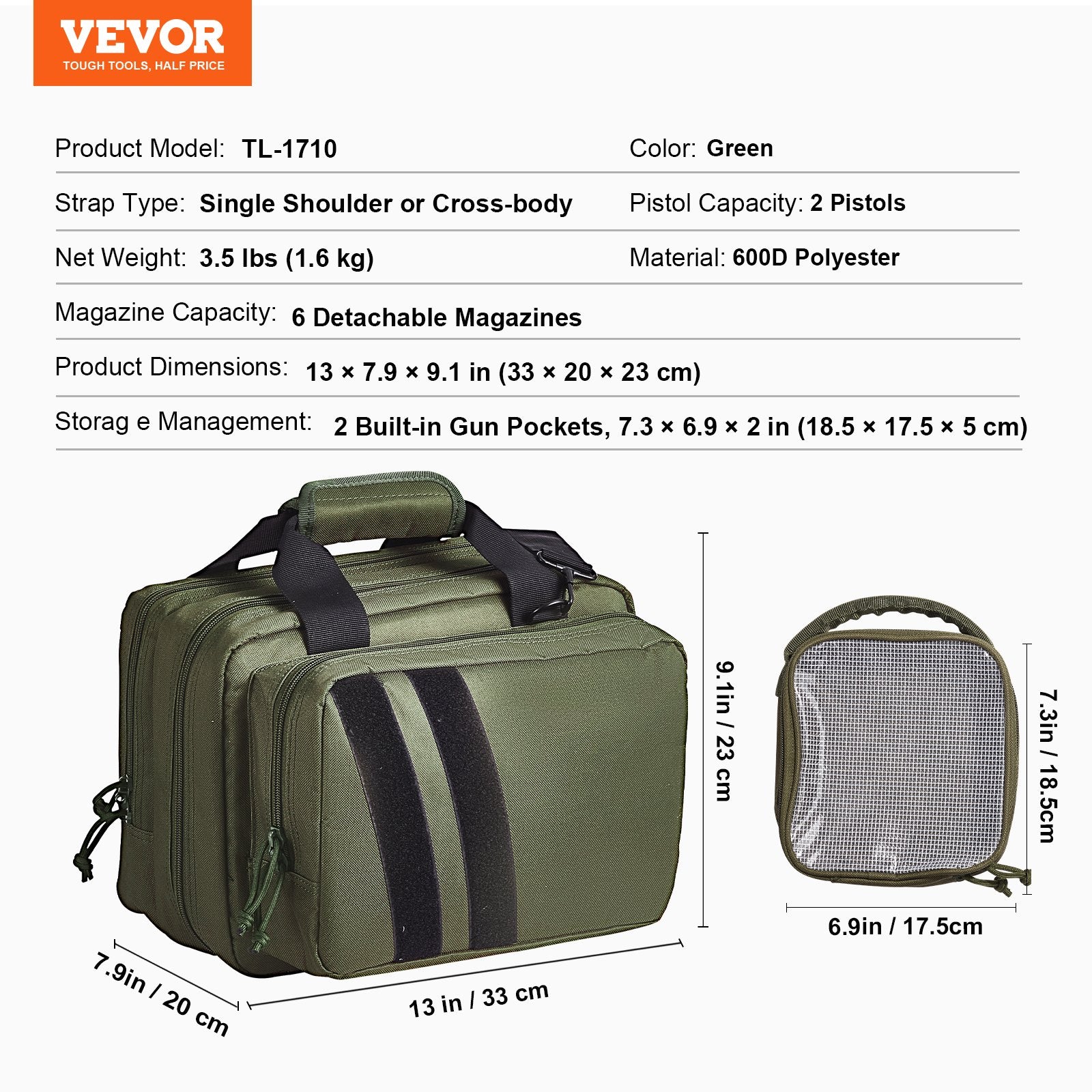 VEVOR Range Bag for 2 Pistols Tactical Gun Bag 2 Built-in Pistol Bags Green 7