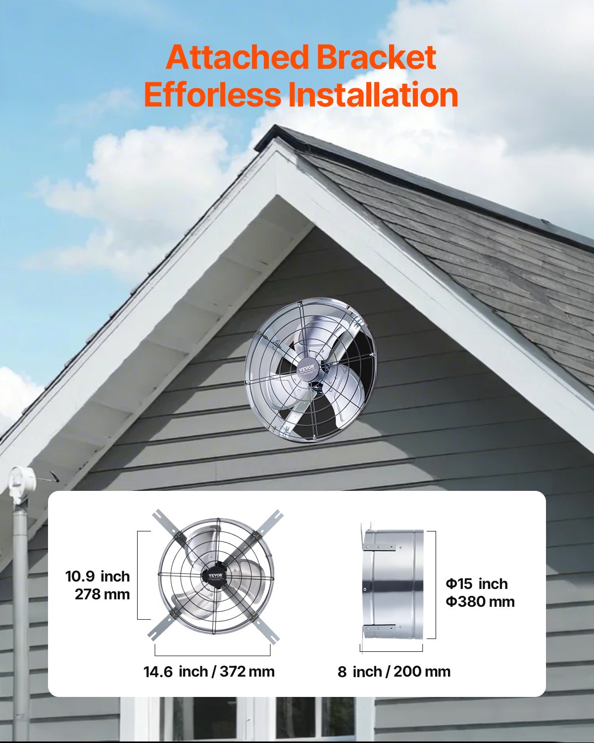 VEVOR 380 mm Gable Mount Fan 1300 CFM Attic Vent Fan with Adjustable Thermostat 6