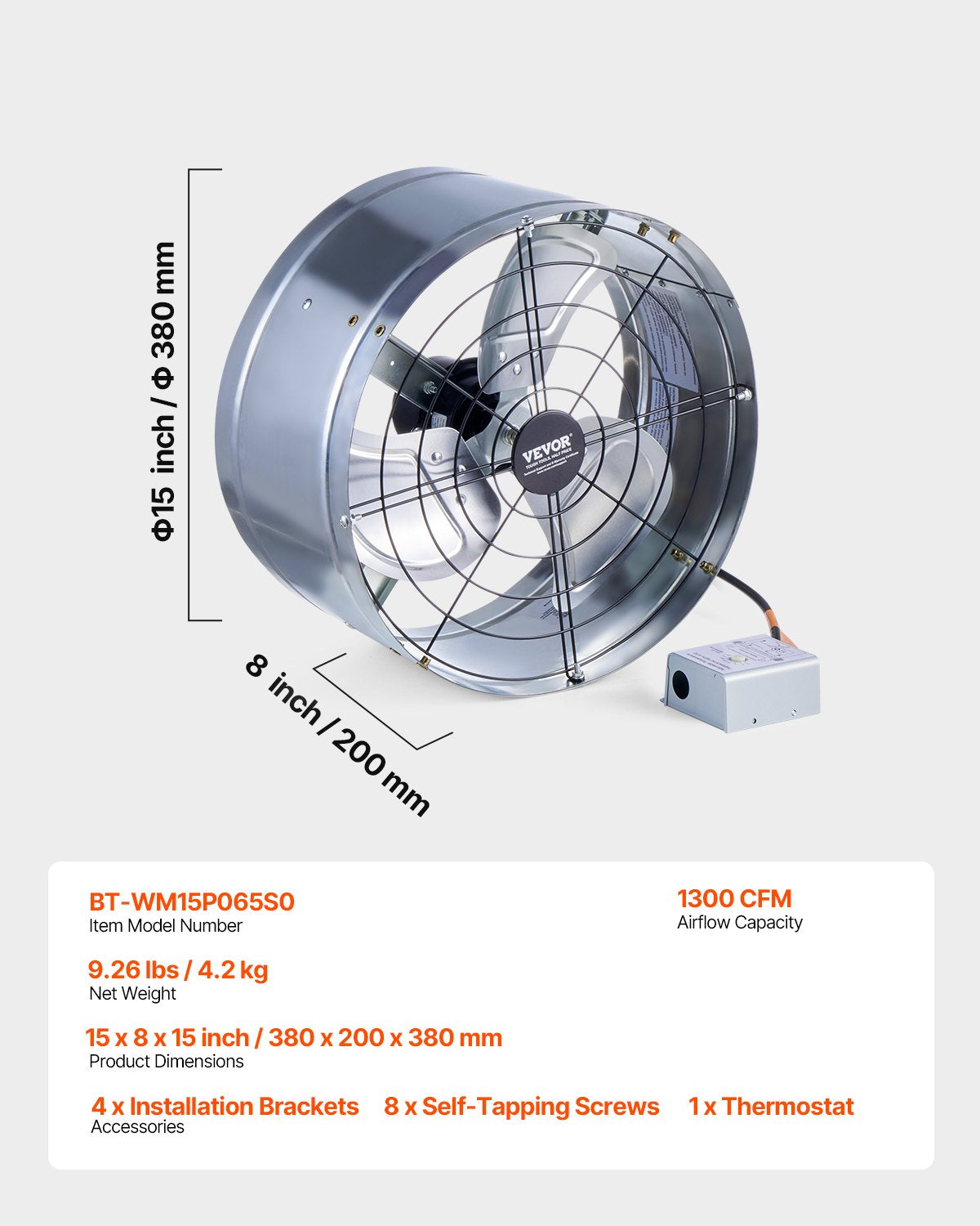 VEVOR 380 mm Gable Mount Fan 1300 CFM Attic Vent Fan with Adjustable Thermostat 7