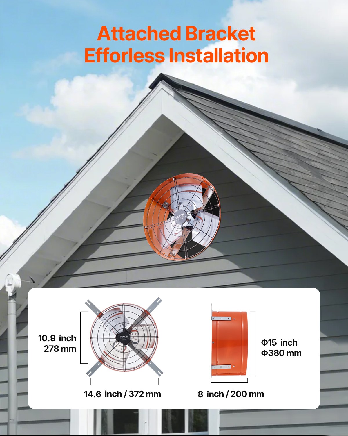 VEVOR 380 mm Gable Mount Fan 1650 CFM Attic Vent Fan with Adjustable Thermostat 6
