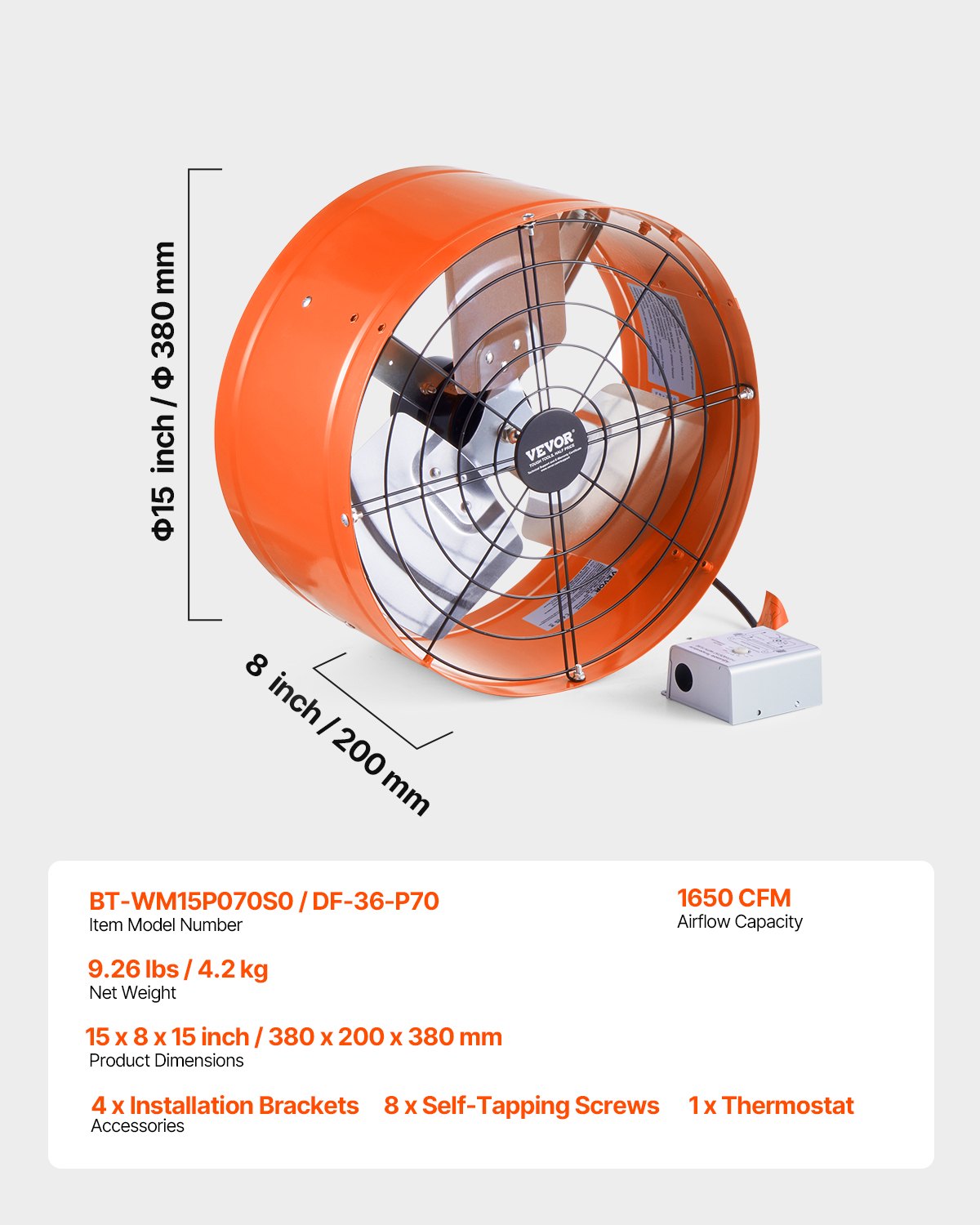 VEVOR 380 mm Gable Mount Fan 1650 CFM Attic Vent Fan with Adjustable Thermostat 7