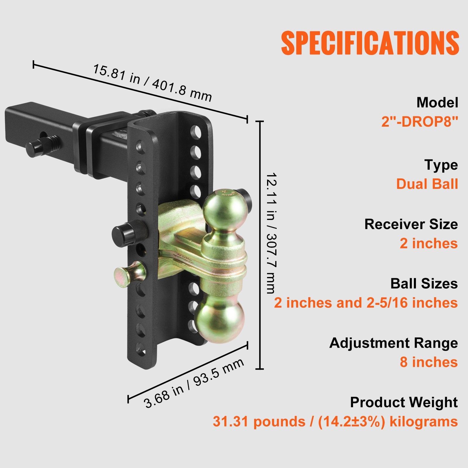 VEVOR Adjustable Trailer Hitch, 203.2 mm Drop & 165.1 mm Rise Hitch Ball Mount with 50.8 mm Receiver, Solid Tube, 6350 kg GTW, 50.8 m and 58.7 mm 45# Steel Tow Balls with Key Lock for Truck Towing 7