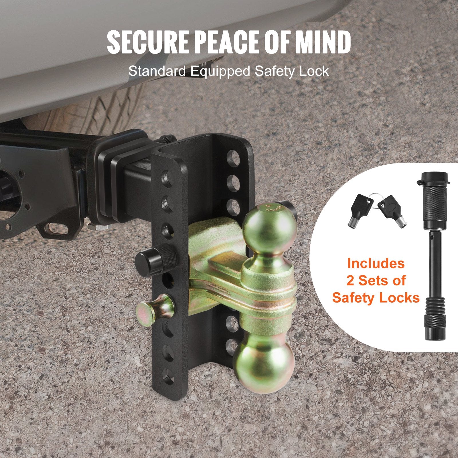 VEVOR Adjustable Trailer Hitch, 152.4 mm Drop & 114.3 mm Rise Hitch Ball Mount with 50.8 mm Receiver, Solid Tube, 6350 kg GTW, 50.8 mm and 58.7 mm 45# Steel Tow Balls with Key Lock for Truck Towing 4